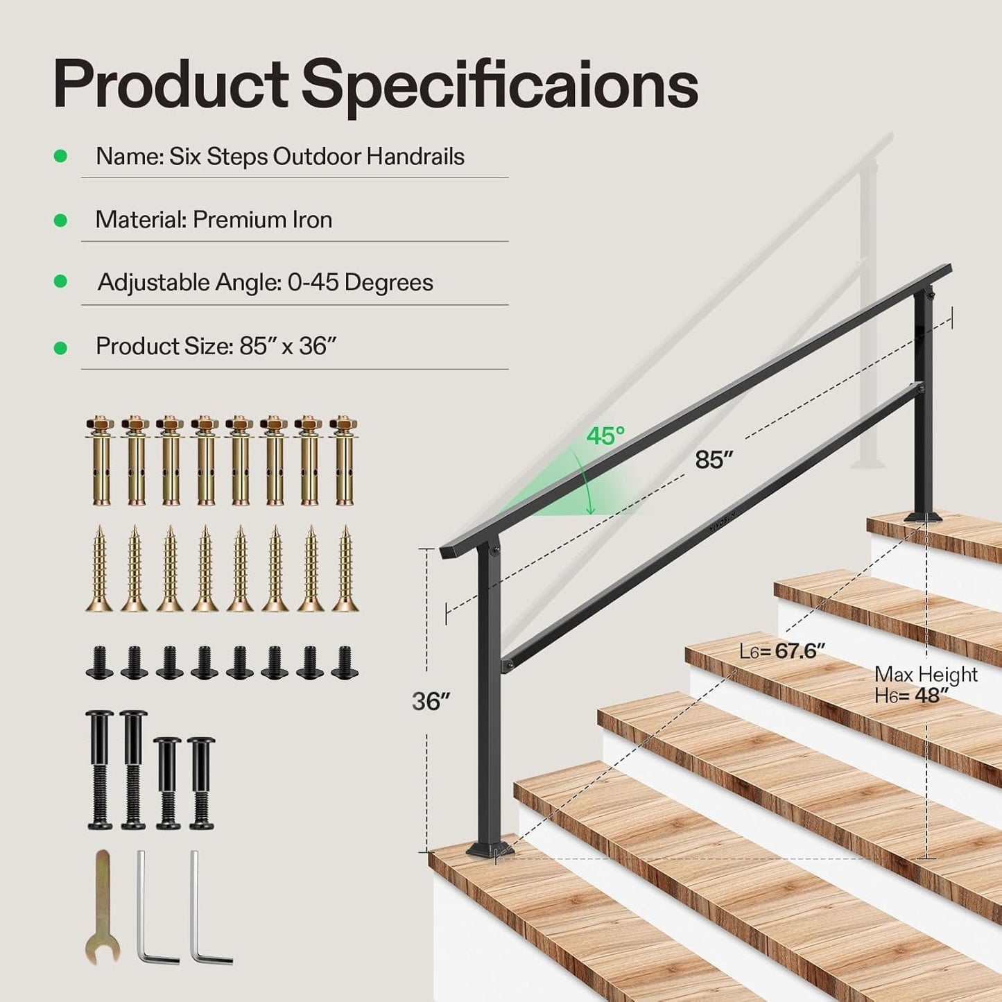 VIVOSUN Outdoor Handrail, 6 Step Stair Handrail, 83" x 36" Fits 1 to 6 Steps, Wrought Mattle Iron Handrail for Concrete Steps, Porch Steps, One-Step Assembly, Black