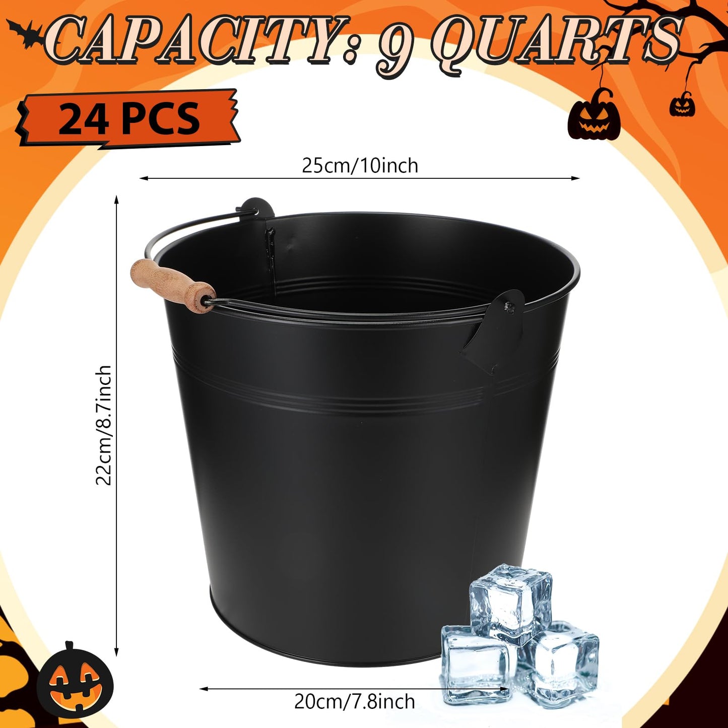 Didaey 24 Pcs Large Galvanized Metal Buckets with Handle 10 Inch Heavy Duty Stainless Steel Pails Round Pail for Party Wedding, Crafts, Utensils, Table Centerpieces (Black)