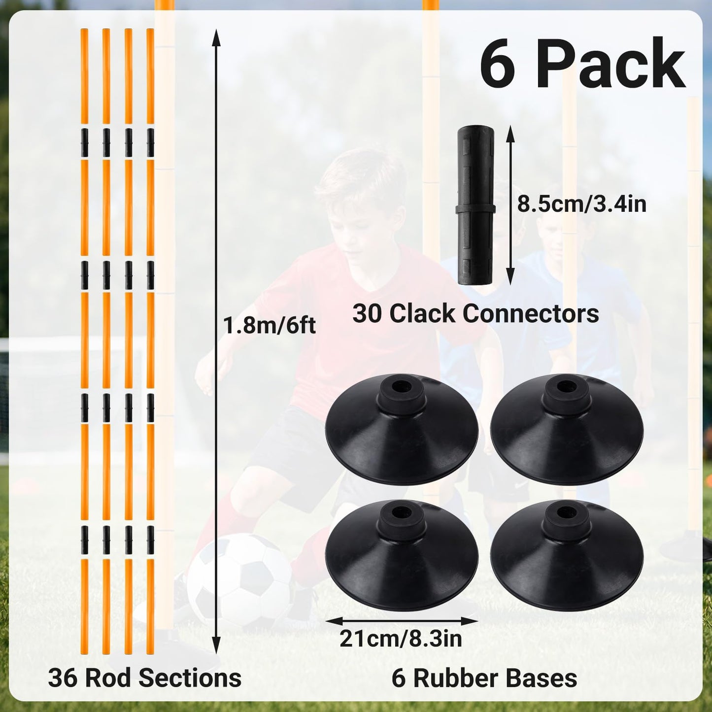 TOMAIX 6 FT Agility Poles 6-Pack with Adjustable Height and Detachable Rubber Bases, Speed Training Poles for Soccer, Basketball, Footwork Drills and Pet Training (Orange)