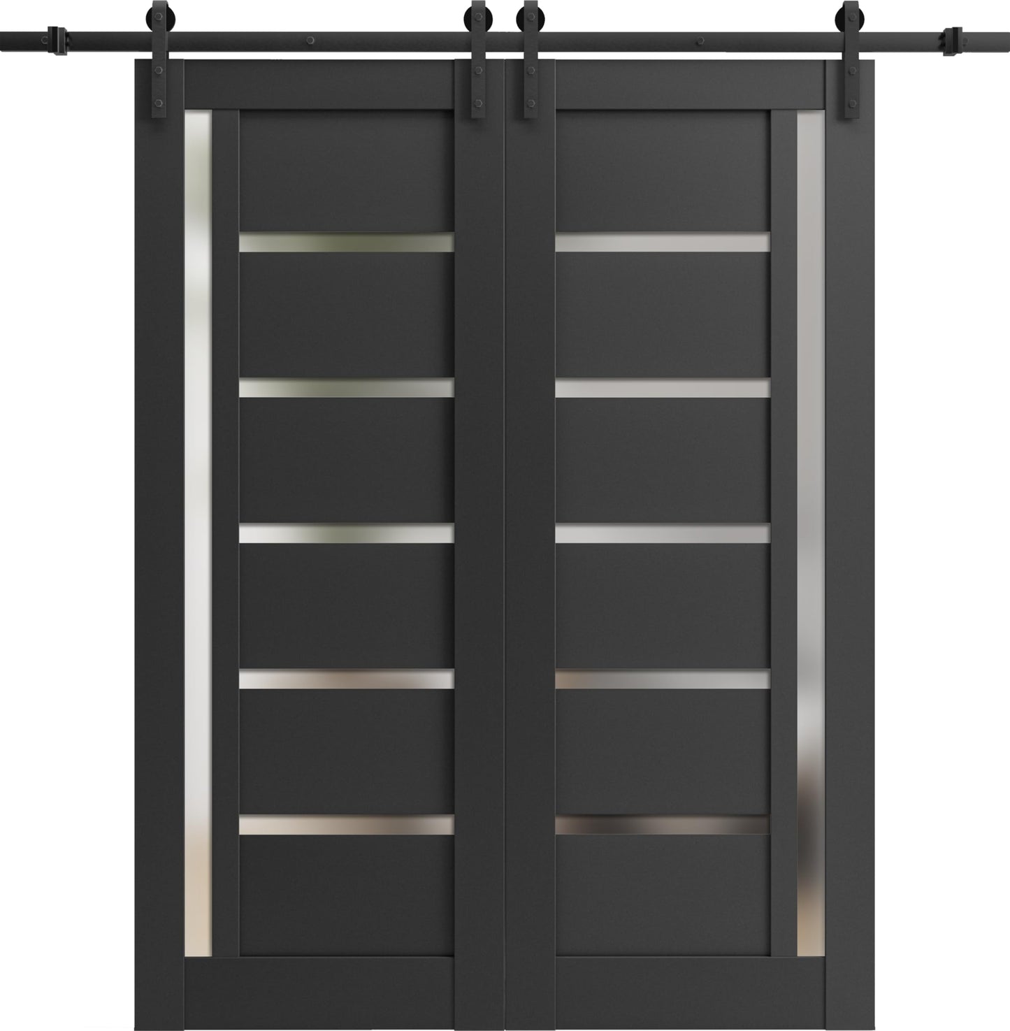 SARTODOORS Quadro 4088 Barn Door 7284 in, Black Matte Frosted Glass Double Sliding Interior Door, Solid MDF Core, 13 FT Black Rail Hardware Included
