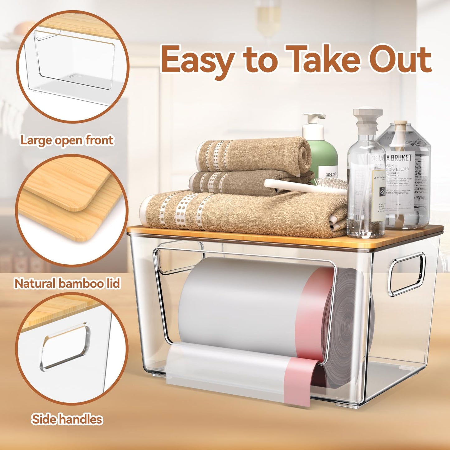 spospo 2 Pack Trash Bag Holder with Bamboo Lid, Stackable Trashbag Dispenser, Extra Large Garbage Bag Holder for Kitchen Laundry Room Under Sink Organization and Storage