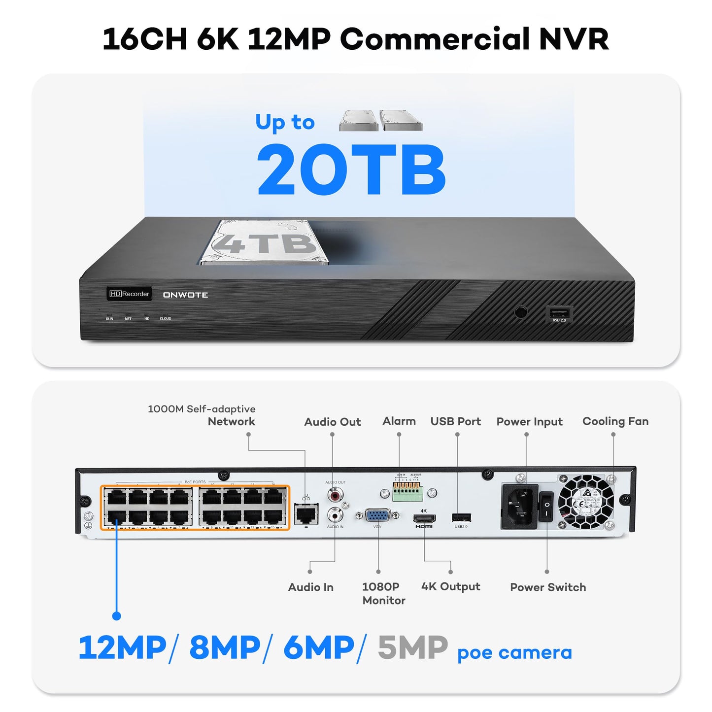 ONWOTE 12MP NVR 16 Channel Security Camera System, 16x 5MP 30FPS Outdoor PoE IP Cameras with Audio, Smart AI Color Night, 16CH 6K 4K Commercial NVR 4TB, 16x Cables(Total 1280ft), CCTV for Business