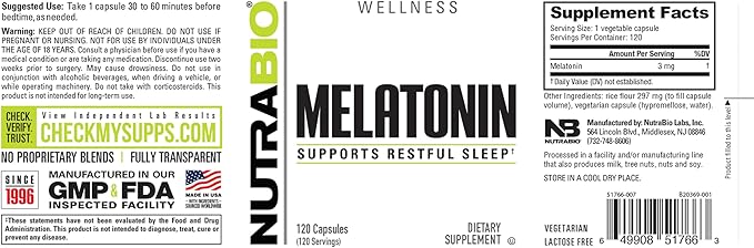 NutraBio Melatonin Pills- Sleep Aid Melatonin- 3mg Tablets- 120 Capsules