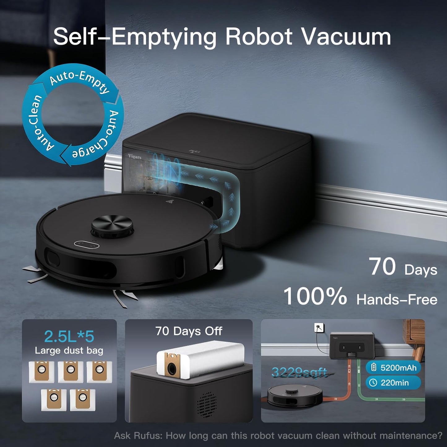 Robot Vacuum and Mop Combo,Up to 8000Pa Suction,Robot Vacuum Self-Emptying,70-Day Hands-Free Cleaning 220 Min Runtime LiDAR Navigation, Home Mapping, Ideal for Pet Hair, Hard Floors, Carpet-Black