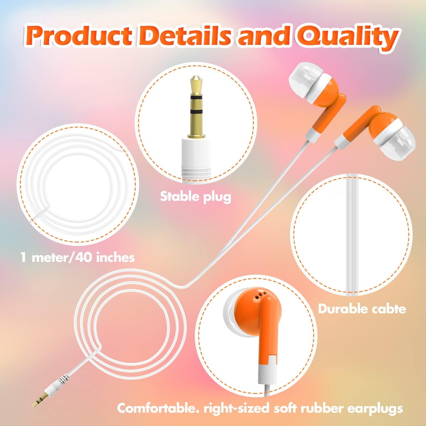 50 Pack MP3 CN-Outlet Wholesale Earbuds Bulk Headphones Individually Bagged for iPhone, Android, Player for Schools