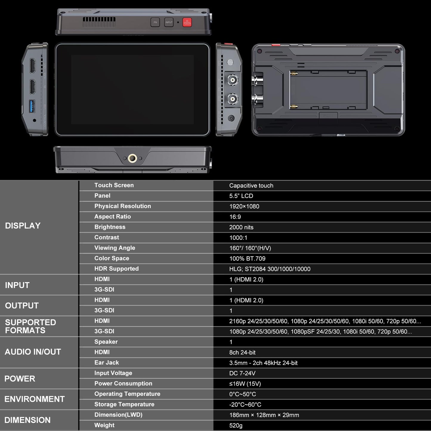 Camera Monitor, 2000nits Ultra-Bright 5.5 Inch Touch Control Screen with HDMI 2.0 3G-SDI Input Output LANC 3D-LUT Waveform Histogram, HT5S