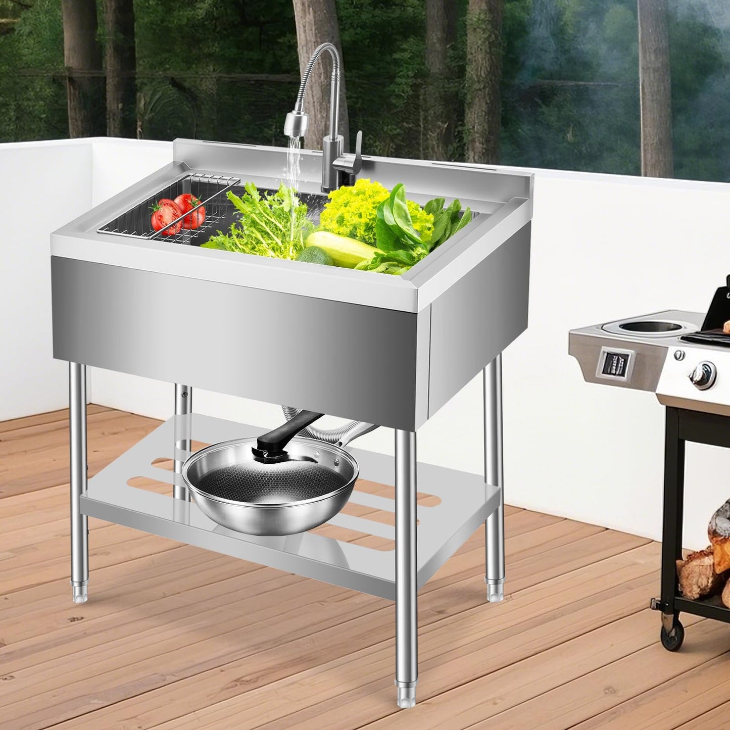 GarveeTech 35 in Freestanding Stainless Steel Utility Sink with Pull-Out Faucet, Adjustable Height Laundry Tub with Hot & Cold Water, Basket, Shelf & Drain Kit for Kitchen, Garage, Outdoor, Basement