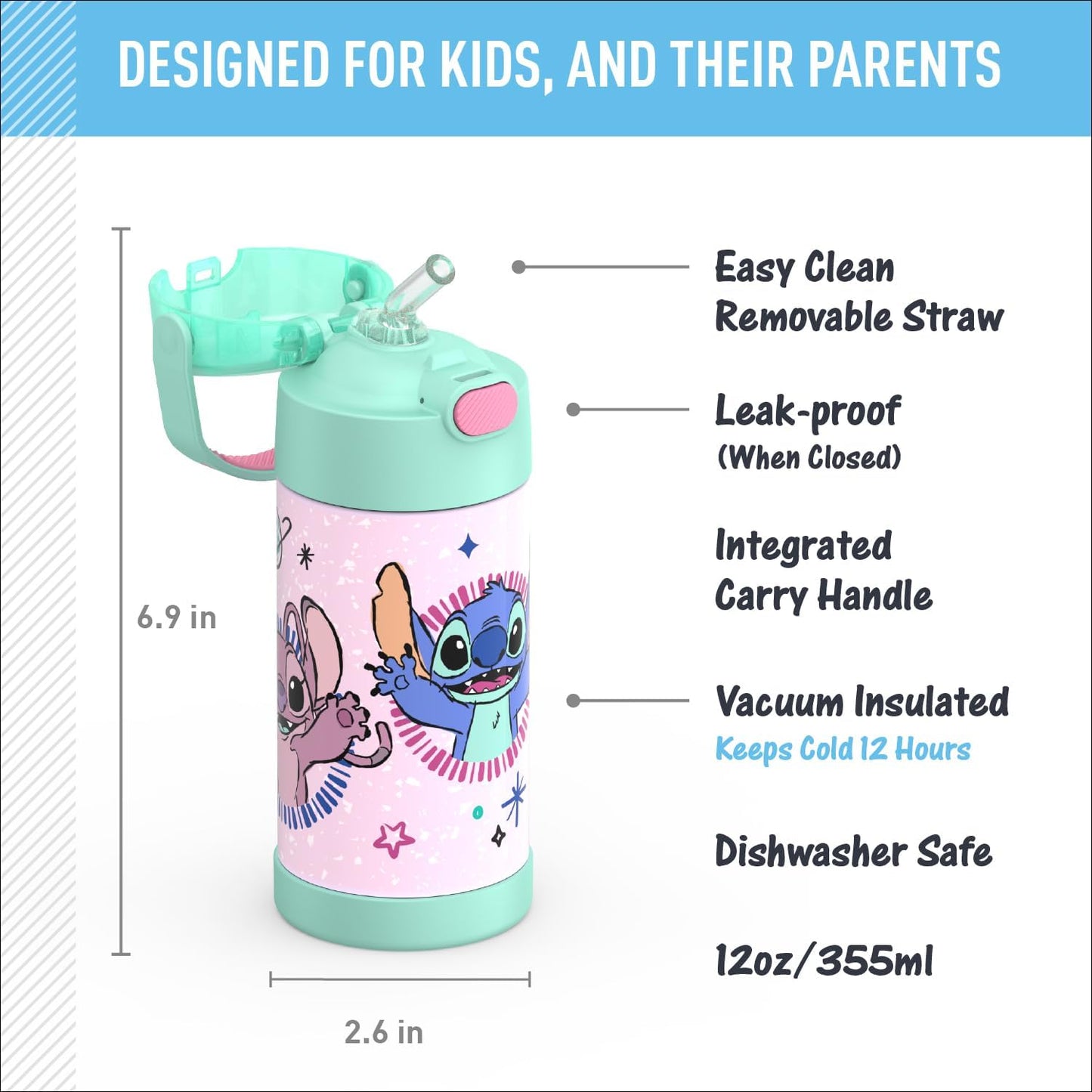 THERMOS FUNTAINER Water Bottle - 12 Ounce Kids Stainless Steel Vacuum Insulated with Straw - Stitch Design