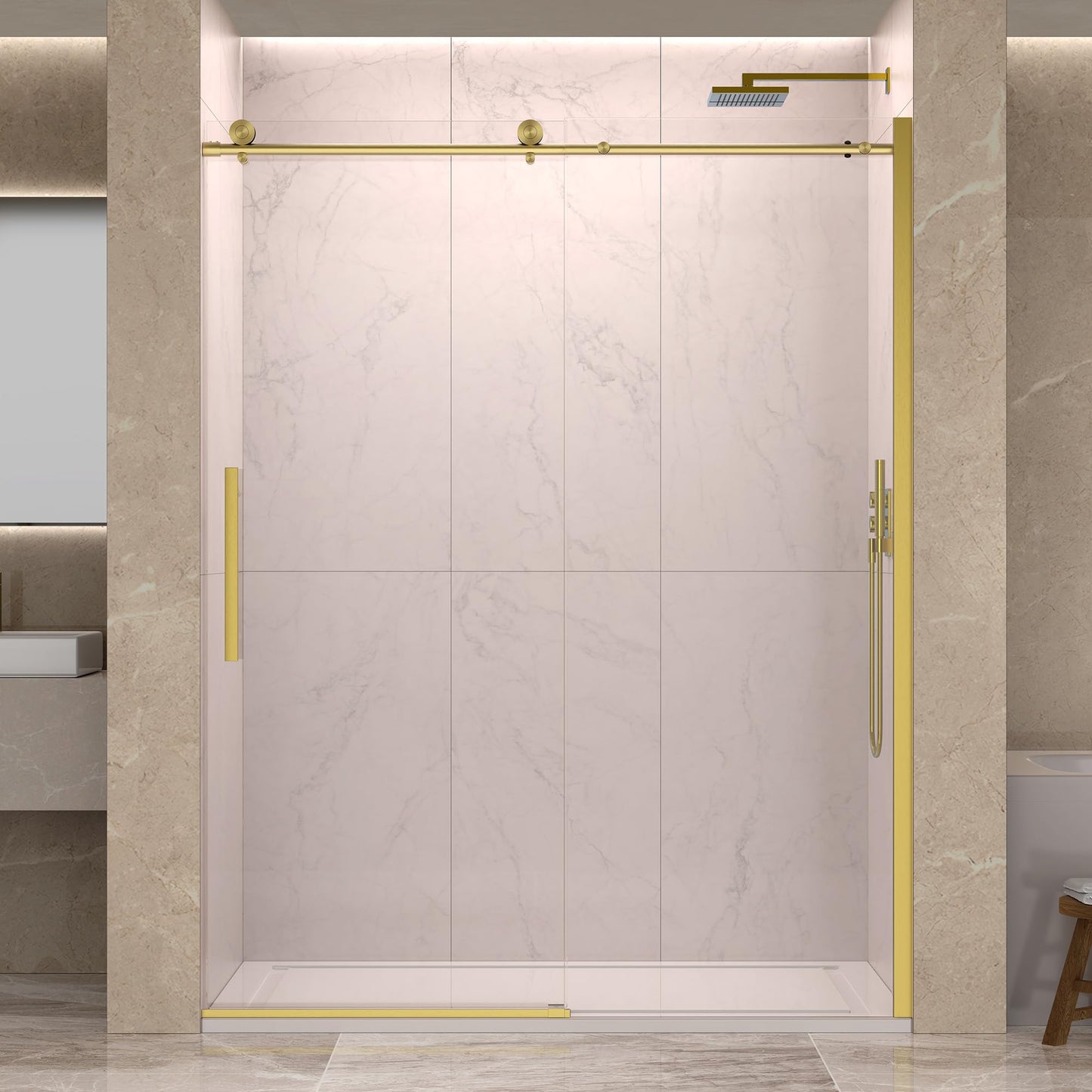 ENSO SENKA 56-60” x 76” Frameless Shower Door, 5/16" (8mm) Clear SGCC Tempered Glass, Bathroom Glass Sliding Shower Doors, Brushed Gold