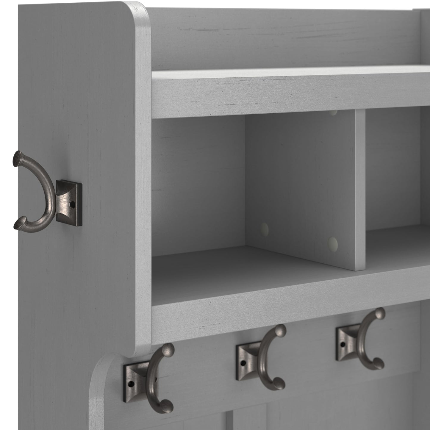 Bush Home Woodland 40W Hall Tree and Shoe Storage Bench with Shelves in Cape Cod Gray, Cubbies and Coat Hooks for Foyer, Mudroom, or Entryway