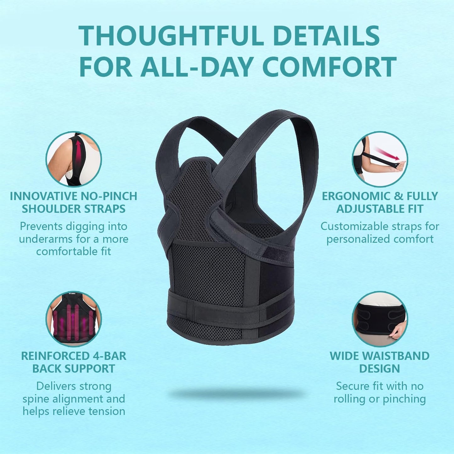 Realtop Upgraded Back Brace,Posture Corrector,Lumbar Support with Shoulder Support,Adjustable Full Back Straightener for Upper & Lower Back Pain Relief, Hunchback, Scoliosis & Spine Alignment (M)