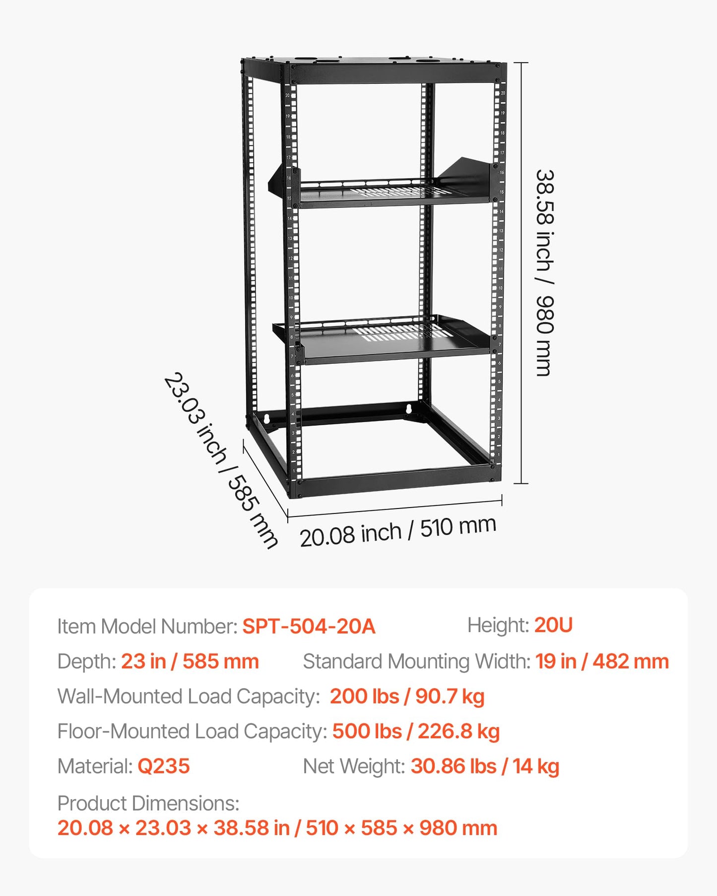 VEVOR 20U Server Rack, Open Frame Network Rack,4-Post Floor Standing or Wall Mounted, Includes 2PCS Vented 1U Rack Shelves & Mounting Hardware, Computer Wall Rack for 19" IT/AV Equipment