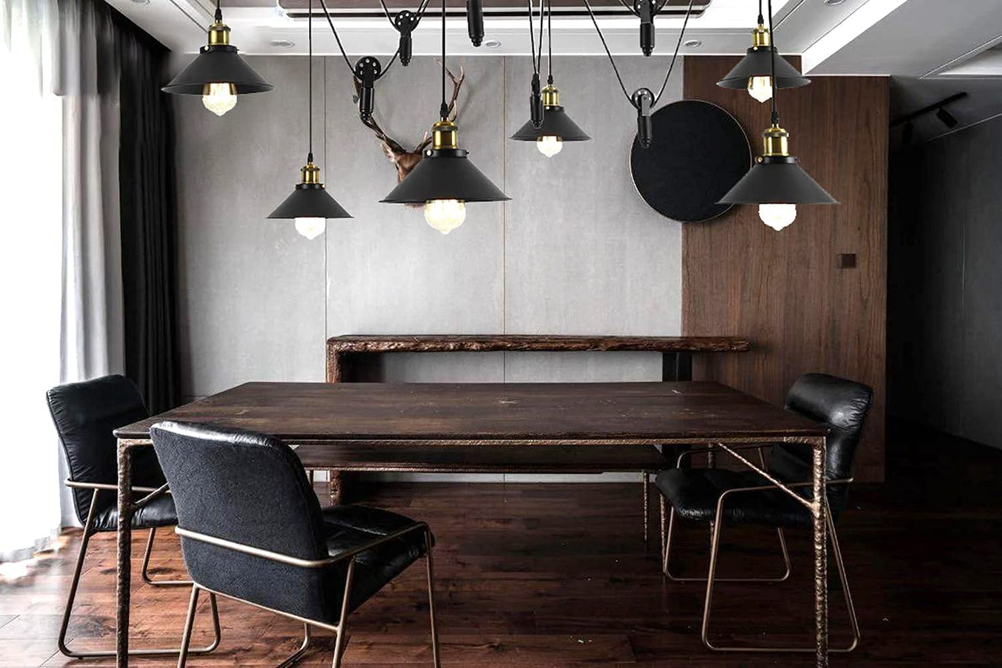 Pulley Pendant Light With 6 Lights, Adjustable DIY Industrial Vintage Rustic Chandelier Mount Ceiling Light Edison Rustic Chandelier,Hanging Pedant Lights Fixture for Dining Room,Warehouse,Farmhouse
