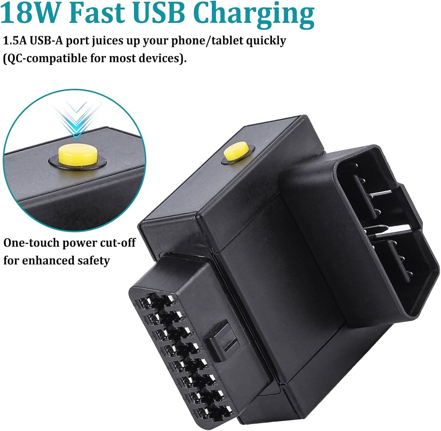 AUTANCTOR OBD2 1-to-2 1-Press 18W 16-Pin Splitter Adapter with Power Cut Switch & USB Fast Charging Car OBD Port