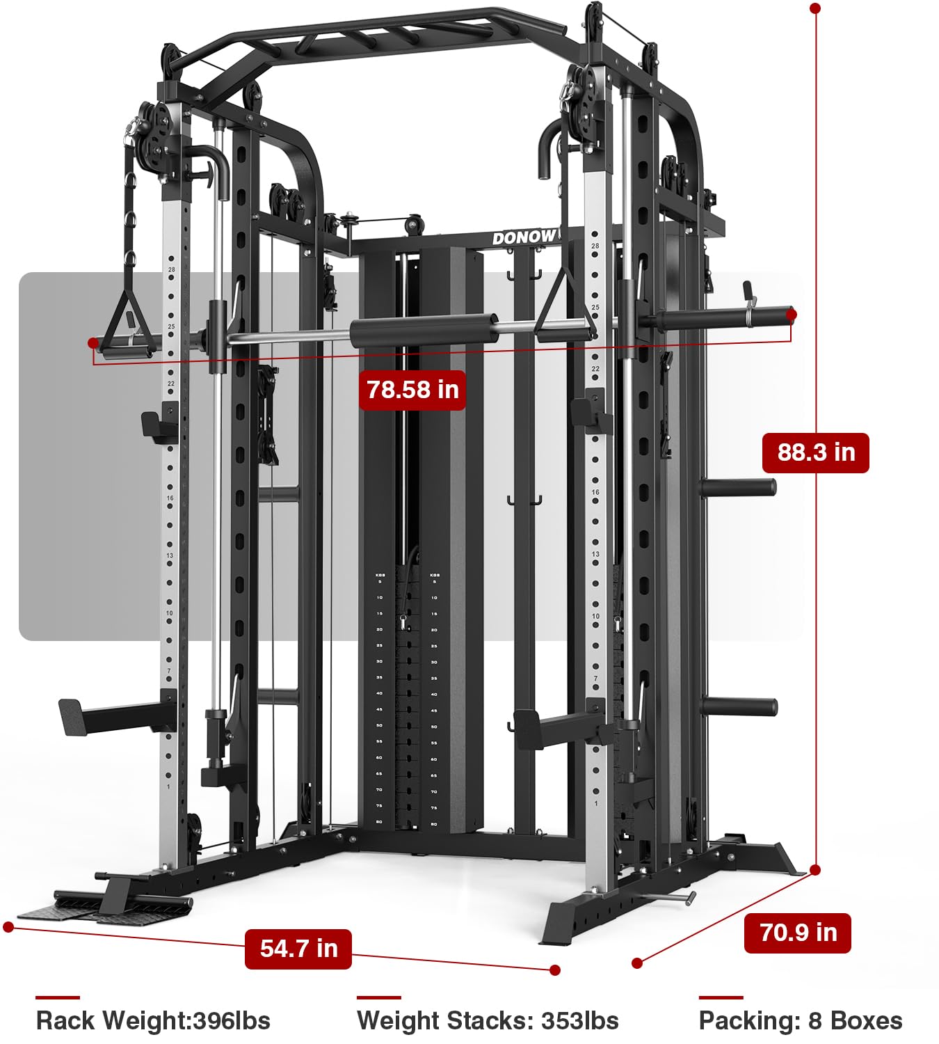 DONOW Smith Machine with Weight Stacks, Multi Function Home Gym System Training Power Cage Squat Rack Dual Cable Crossover Machine All in One
