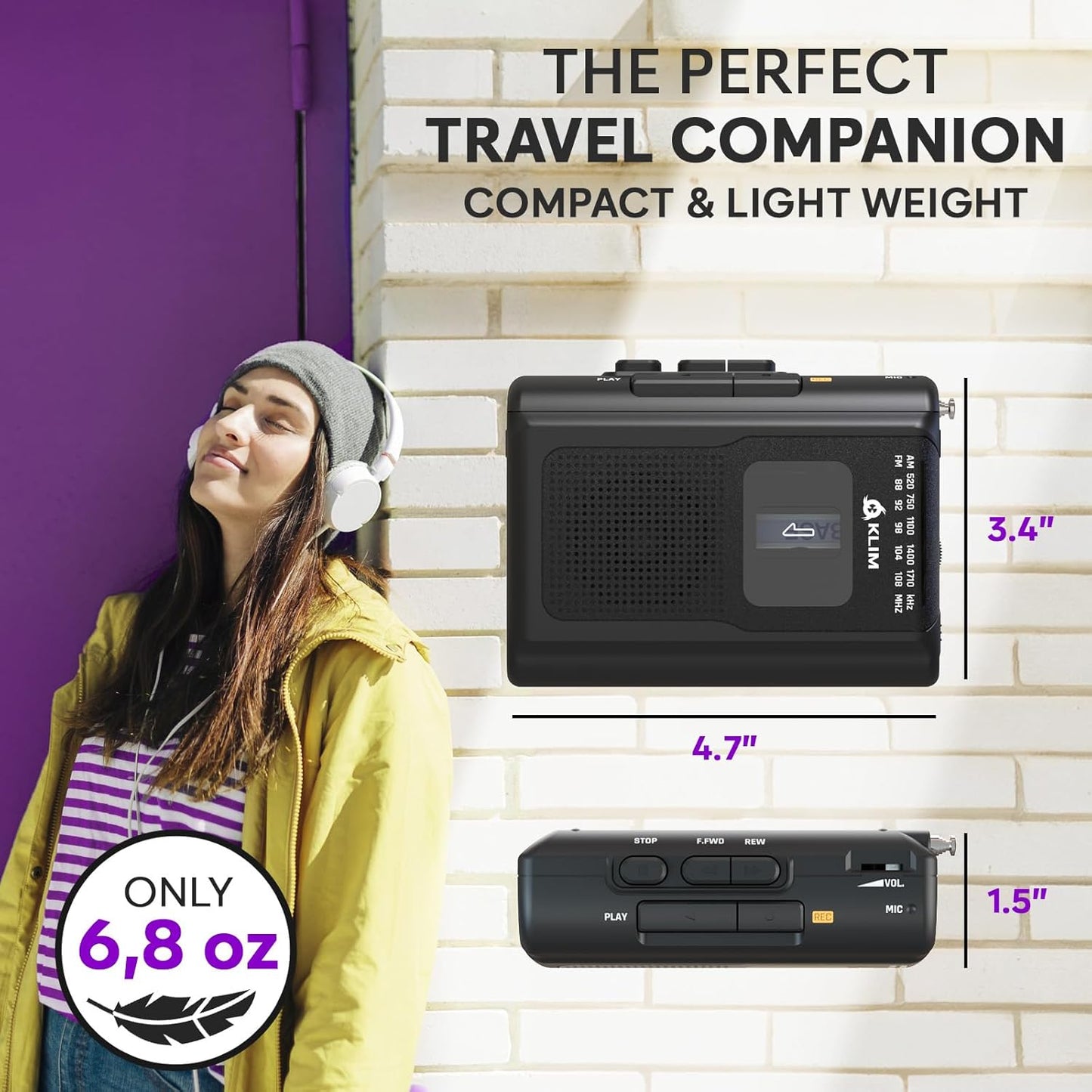 KLIM K8 Cassette Cassette Cassette Tape Player Portable + Recorder + NEW + AM/FM Walkman Player + Built-in Microphone