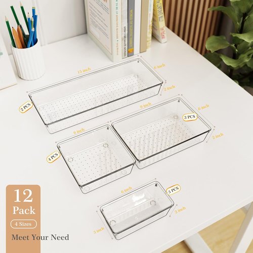 Criusia Drawer Organizer Set - 12 Clear Plastic Storage Bins for Kitchen, Bathroom & Office | 4 Versatile Sizes