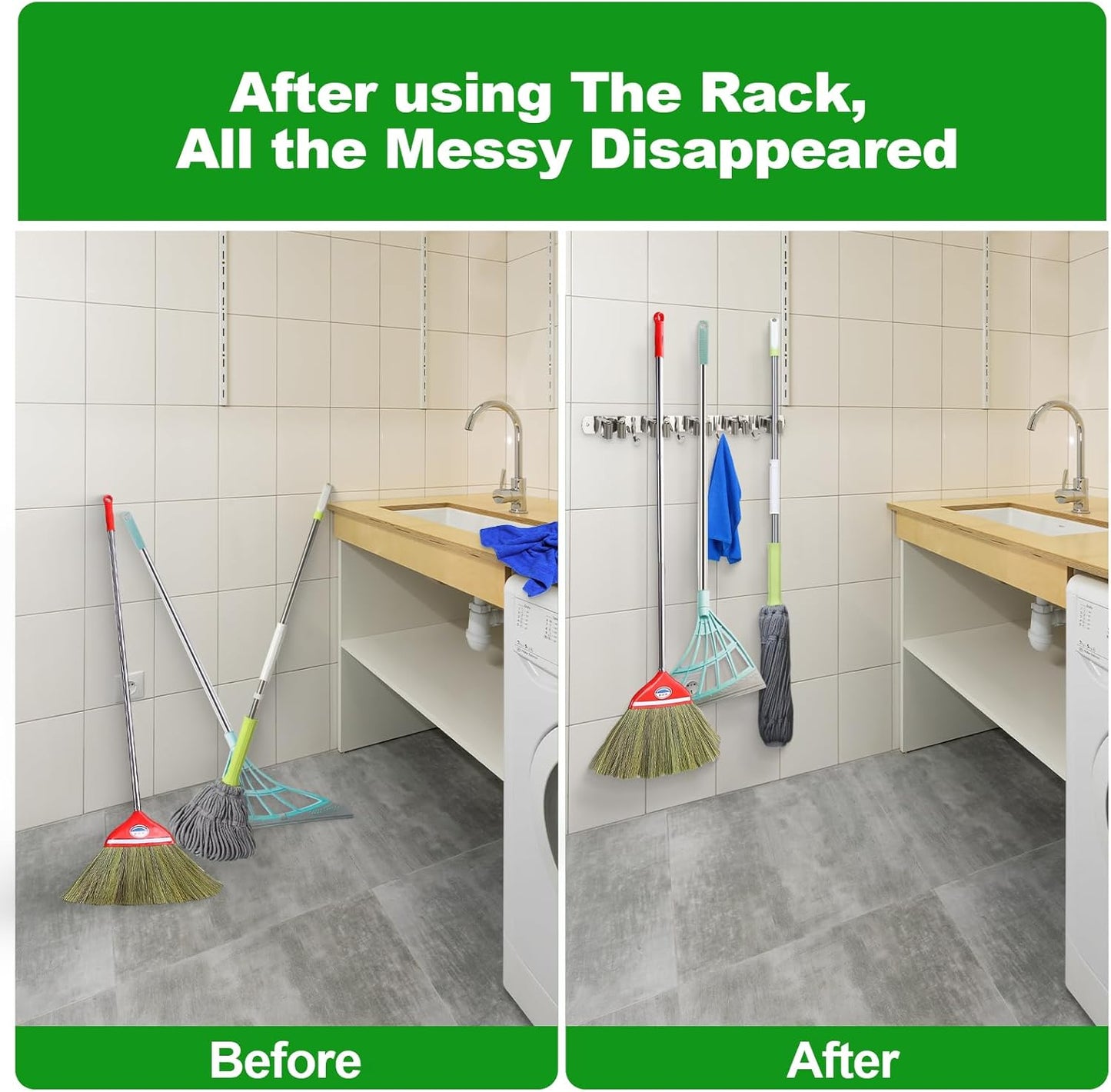 Voze Mop and Broom Holder - 5 Racks & 4 Hooks, Heavy-Duty Wall Mount Organizer for Home & Garage
