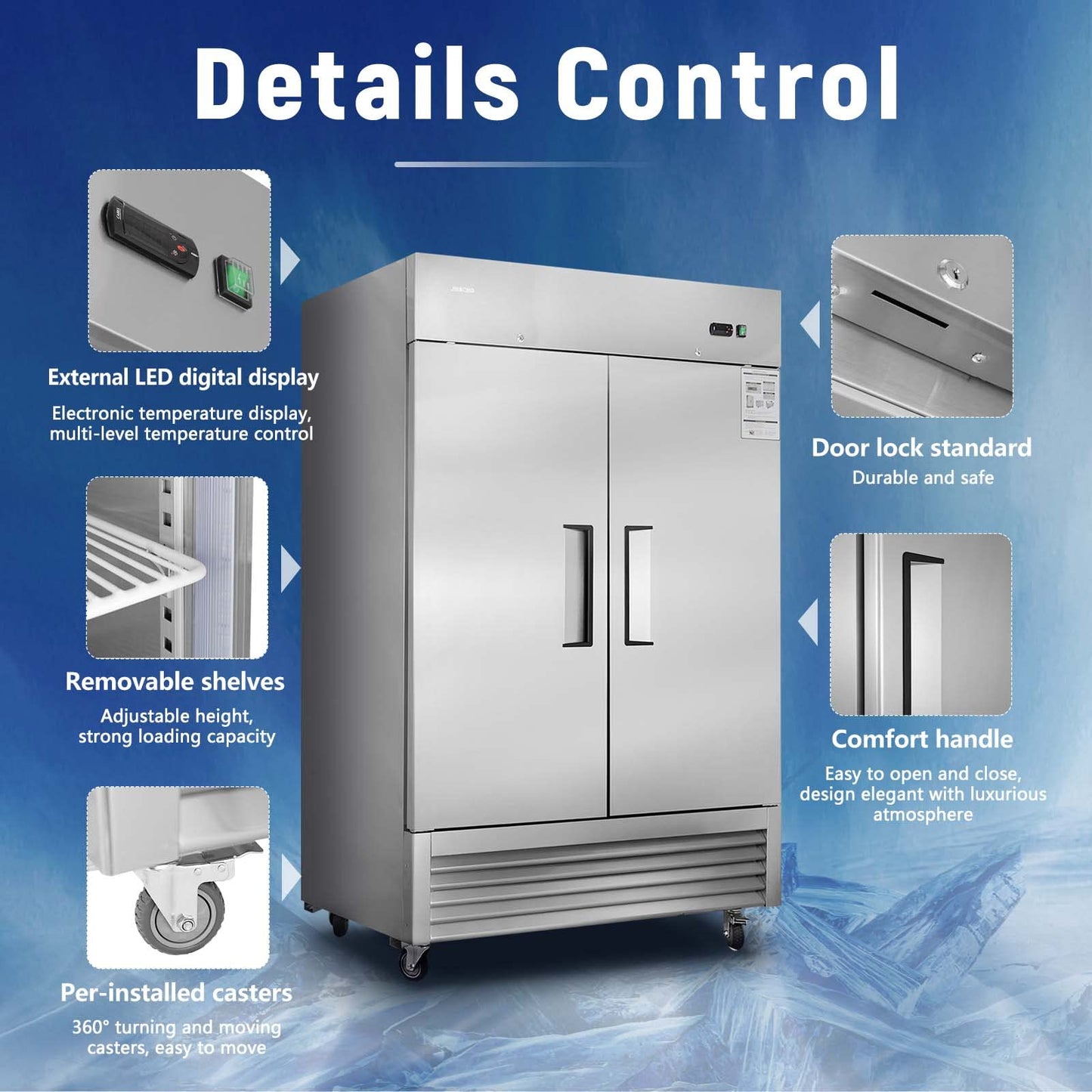 JINSONG 54" Commercial Freezer, 49 cu.ft with 2 Solid Door Stainless Steel Reach-in Freezer for Restaurant, Bar, Shop, Residential