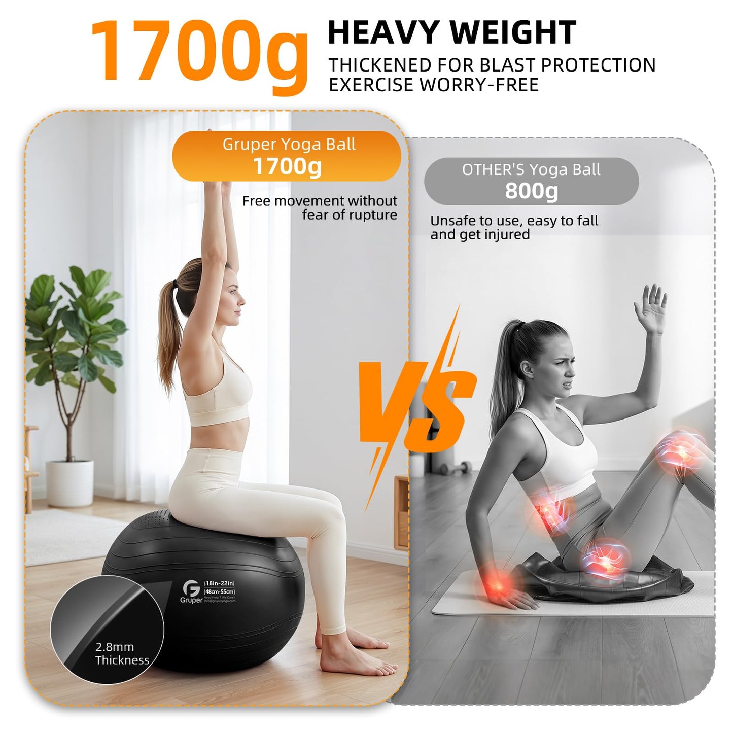 Gruper Yoga Ball, Extra Thick Non Slip Exercise Ball for Workout, Birthing, Balance, Stability, Pregnancy, 4 Sizes Anti Burst Chair for Home and Office, Includes Quick Pump & Fitness Guide