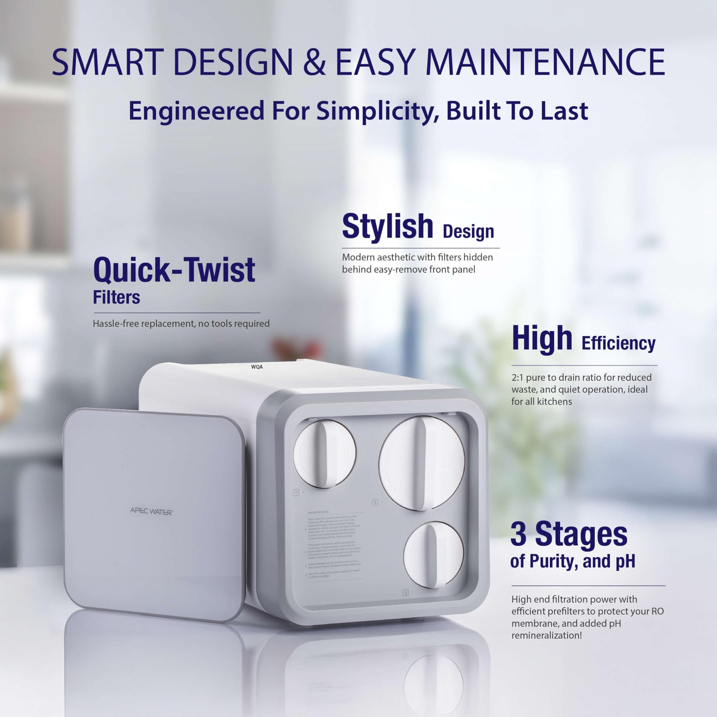 APEC Tankless Reverse Osmosis System with Alkaline pH+ NSF 372 & 58 Certified 3 Stage Water Filtration Bottled Water Quality, High 1K GPD Faucet Flow, Efficient 2:1 Pure to Drain, Space Saving Design