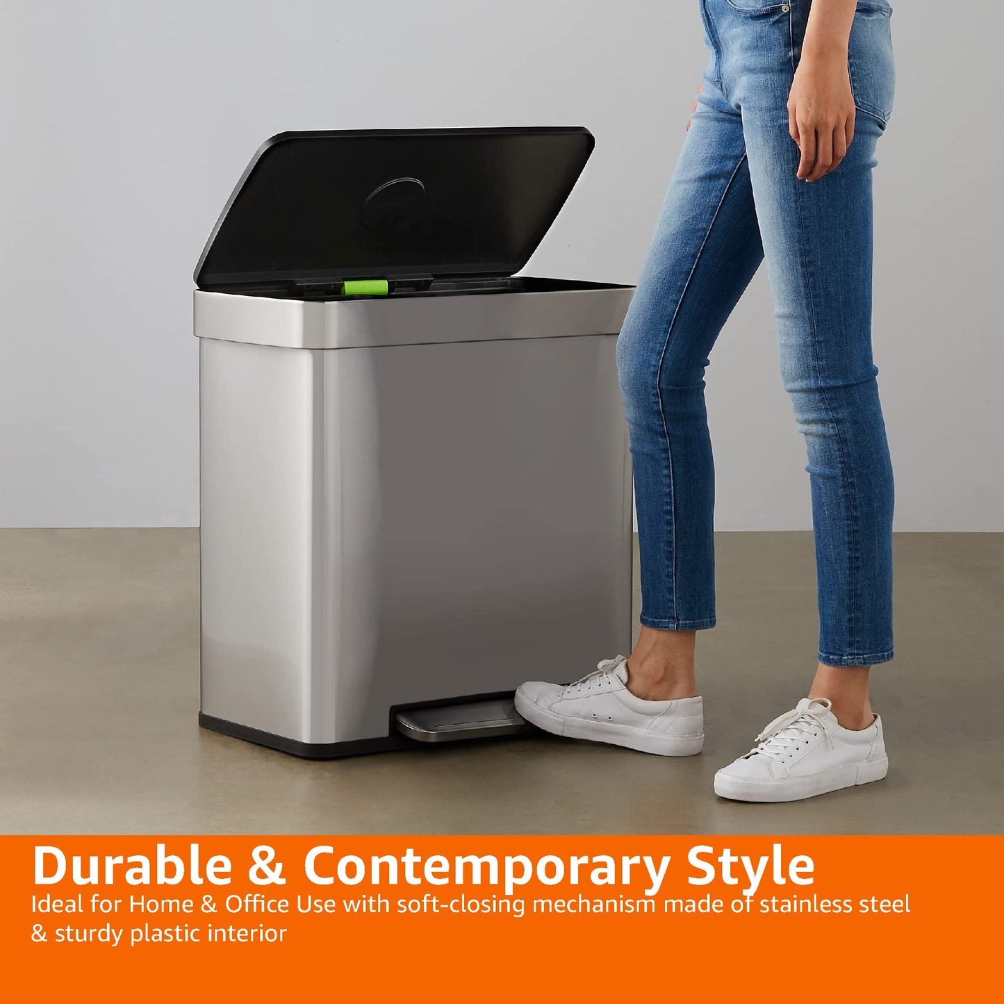 Amazon Basics Dual Compartment Recycling Trash Can with Soft-Close Lid, Fingerprint Resistant, Removable Liner Buckets, 60 Liters, Rectangular, Grey, Silver