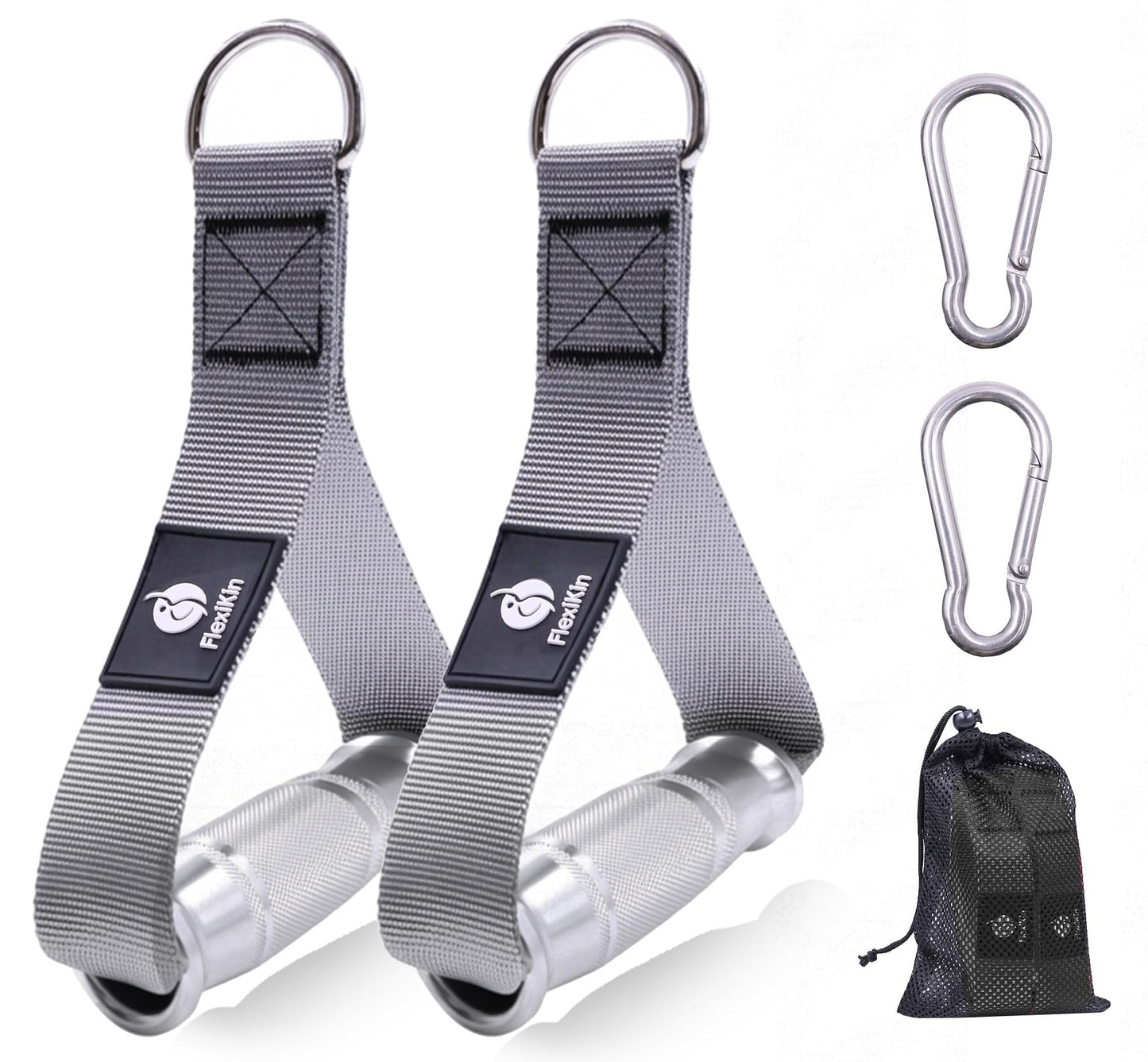 FLEXIKIN Premium Aluminum Alloy Gym Handles with Thickened Strap – Anti-Slip Grid Grip, Heavy-Duty Welded D-Ring for Cable Machine, Pulley System, and Strength Training Workouts (Gray)