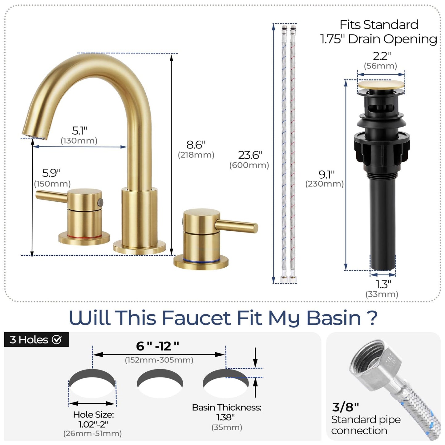 IUERASD Bathroom Faucet 3 Hole, Brushed Gold Bathroom Sink Faucet with Pop Up Drain, 8 inch Widespread Bathroom Faucet with 360° Swivel Spout, 2 Handle Vanity Faucet with Water Supply Hoses