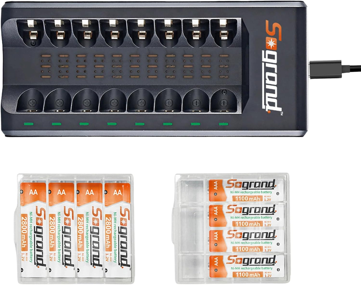 Sogrand 2800mAh 8 Counts 8 Rechargeable AA Batteries with Charger, High Capacity Double A Batteries with Bay AA AAA