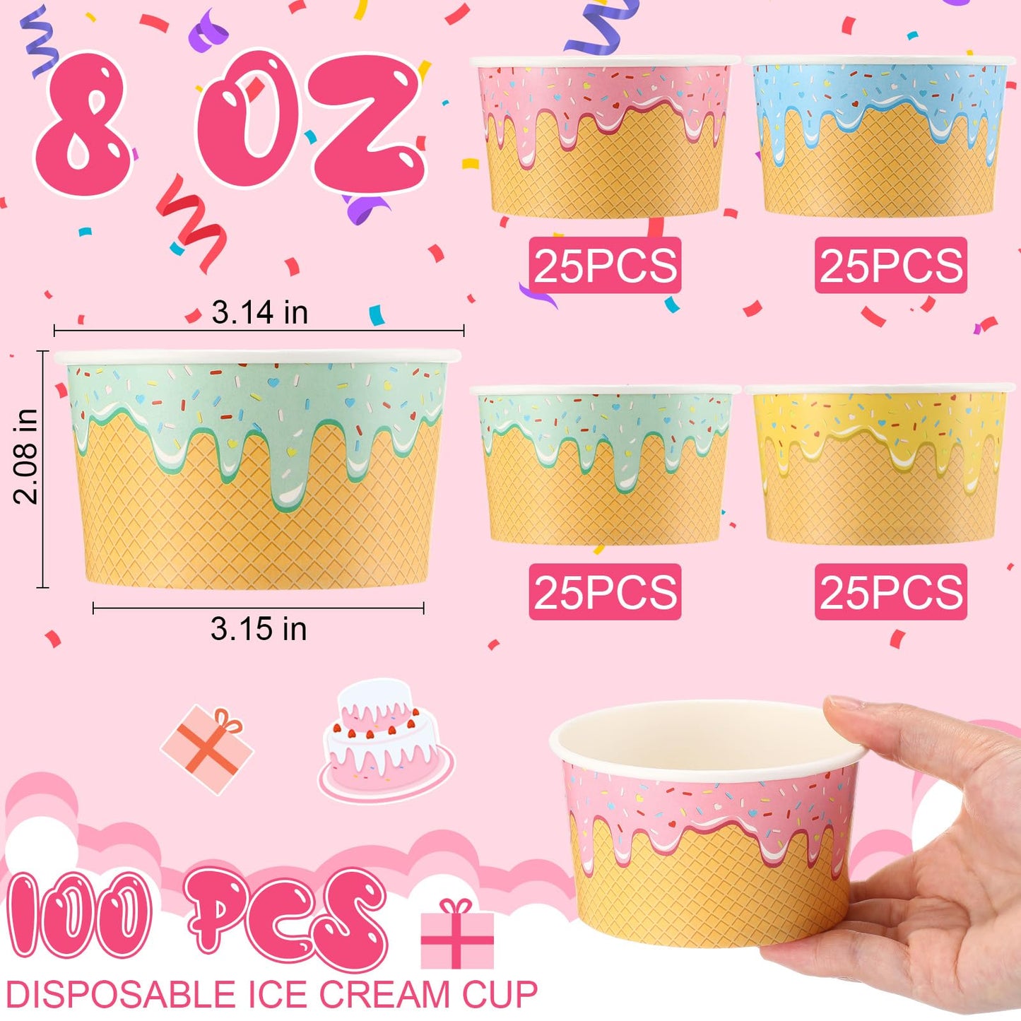 Ninehaoou 100 Pcs Ice Cream Cups Bulk Paper Disposable Dessert Bowls Ice Cream Bowls Paper Dessert Cups Sundae Soup Yogurt Cold or Hot Food Party Supplies for Summer Party Decoration (8 oz)