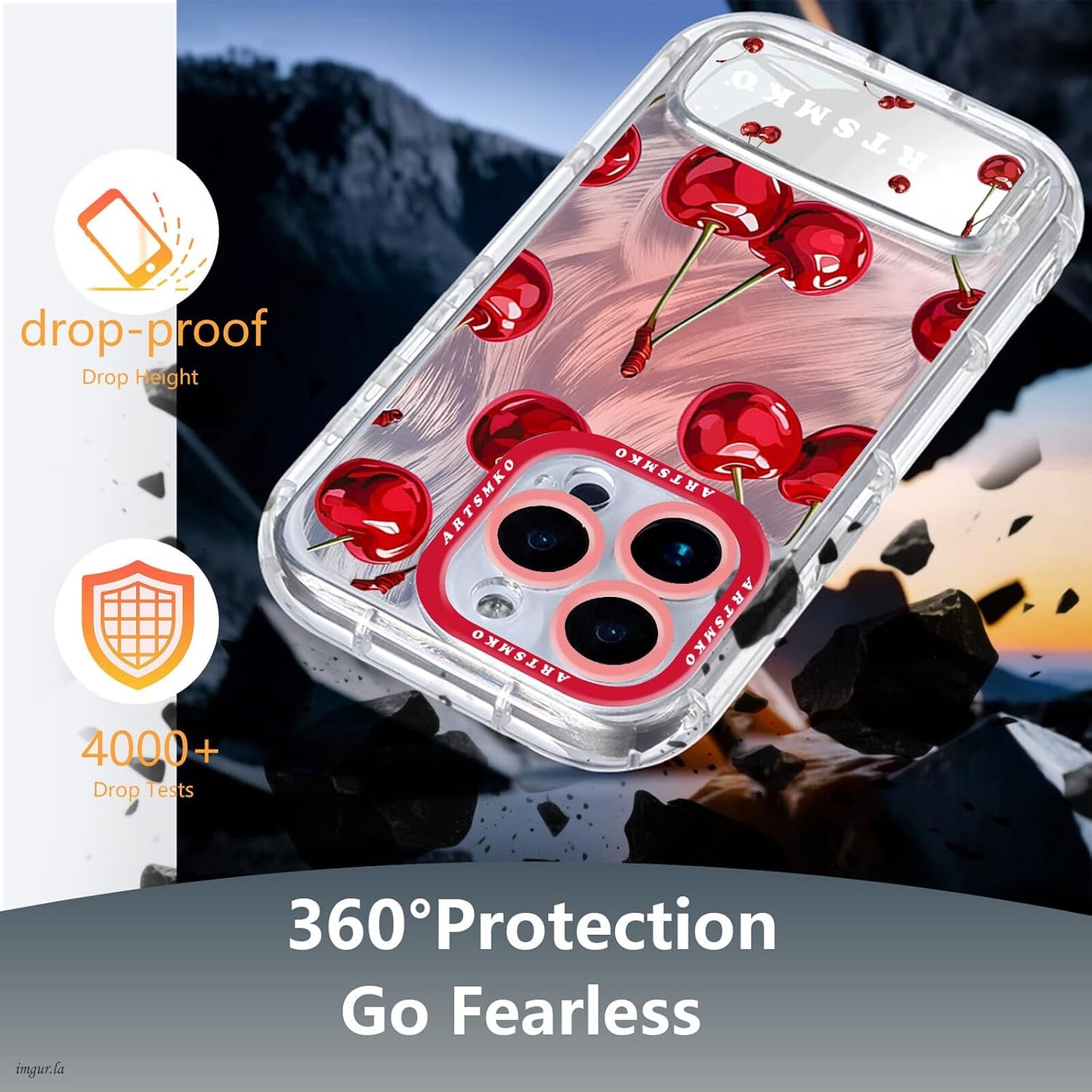 ARTSMKO 11, (11) Super Shiny Cute Red Cherry Phone Case: Fashion Mirror Bracket & Fruit Design Compatible with iPhone
