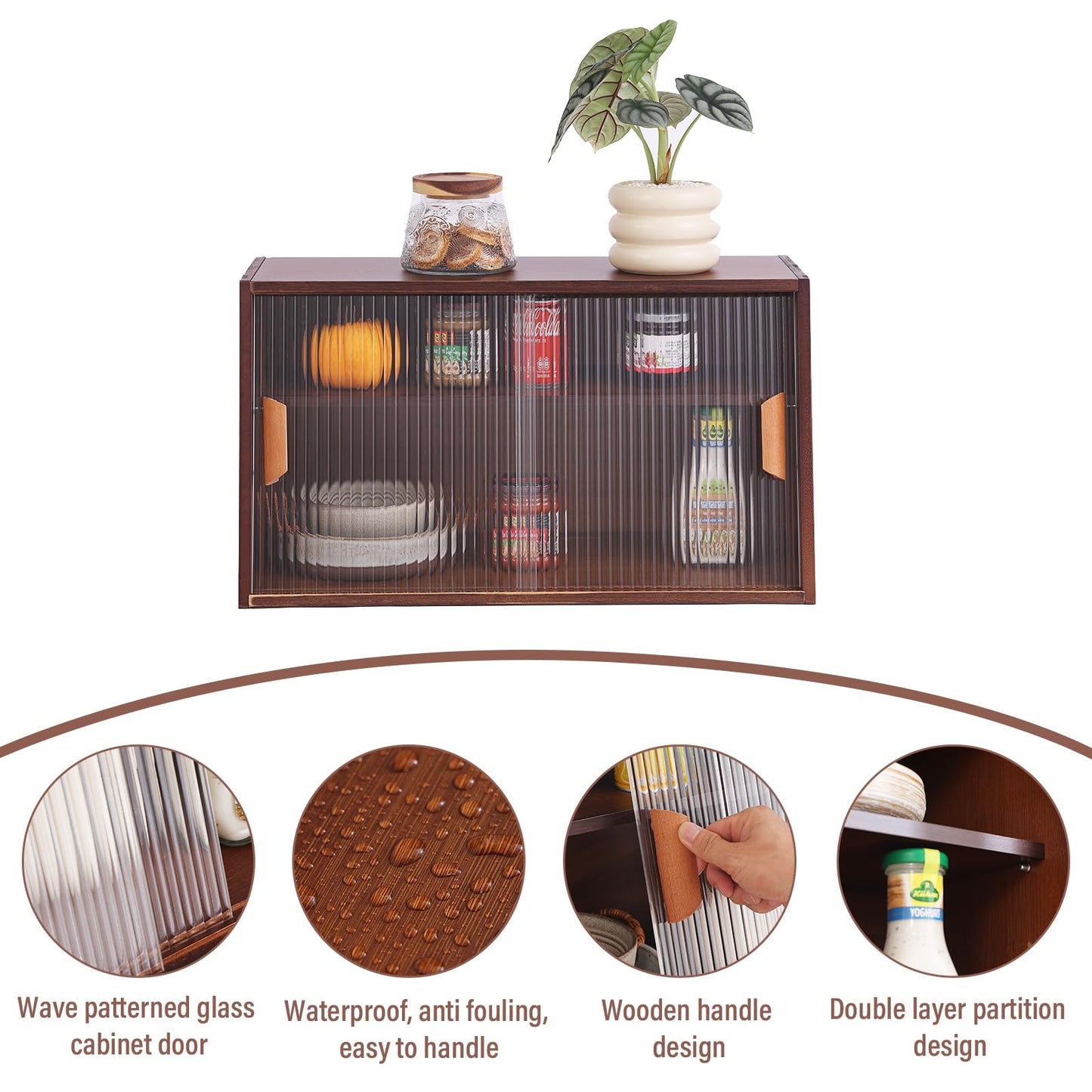 Tiita Small Kitchen Pantry Cabinet, Bamboo Sideboard with Glass Doors, Cupboard Food Pantry Cabinet for Kitchen, Living Room and Dinning Bedroom