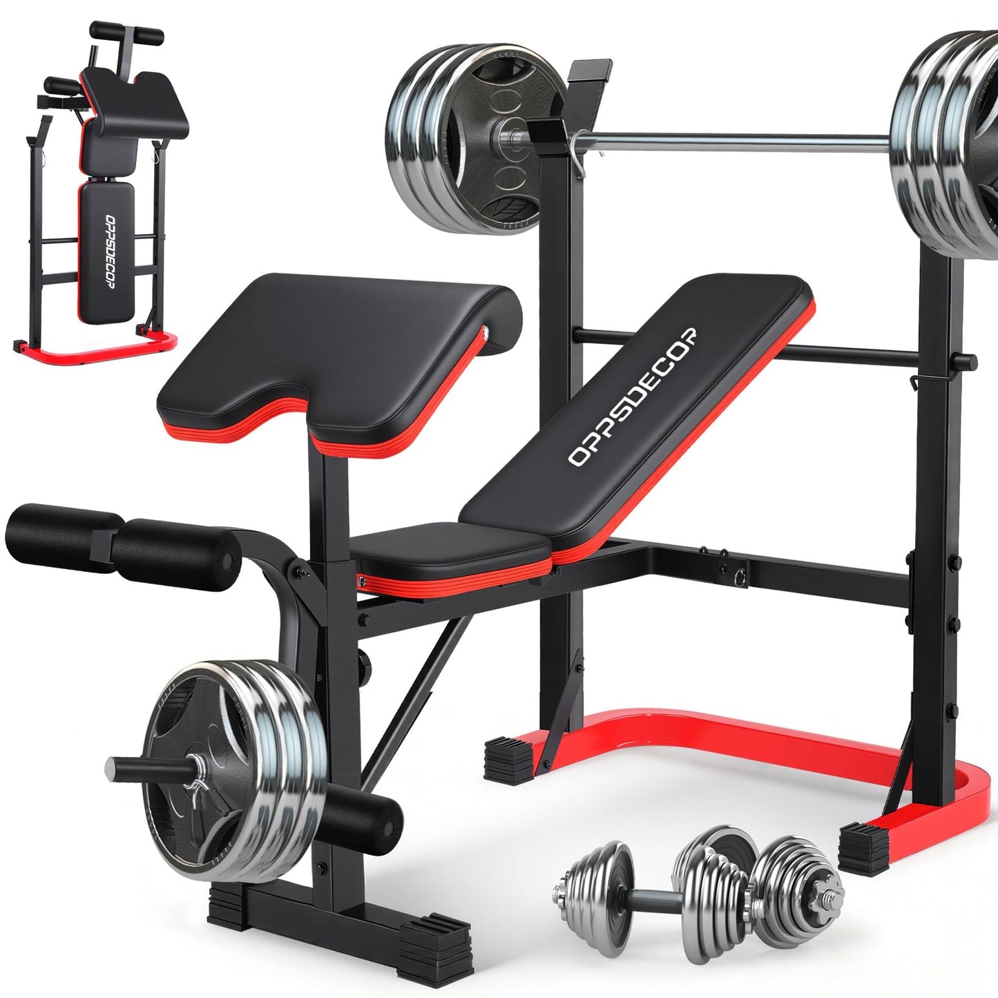 OPPSDECOR Foldable Weight Bench Set with Preacher Curl Pad and Squat Rack, 660LBS Adjustable Bench Press with Leg Extension and Leg Curl, Incline Decline Home Gym Bench for Women Teens Full Body Strength Training