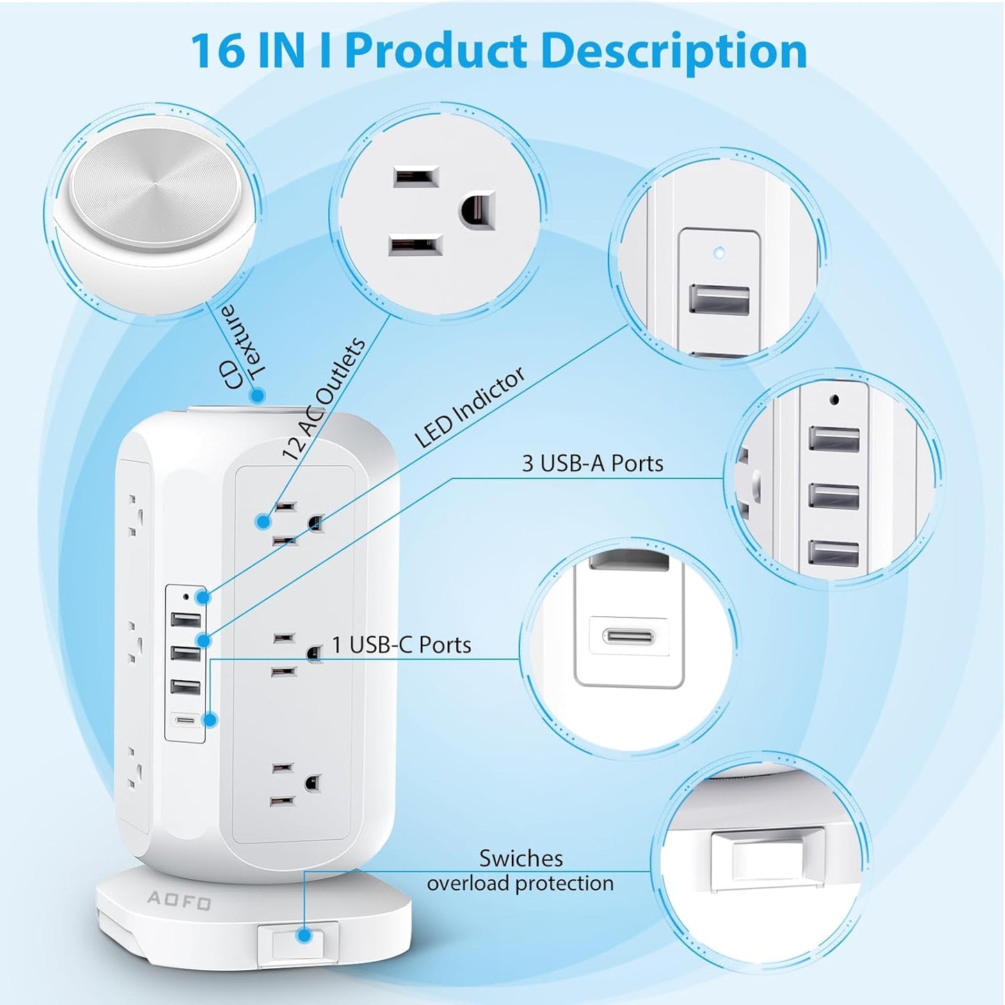 AOFO 12 4 USB(1 10Ft Tower Power Strip Flat Plug with Outlets USB C), Surge Protector Charging Station with Overload