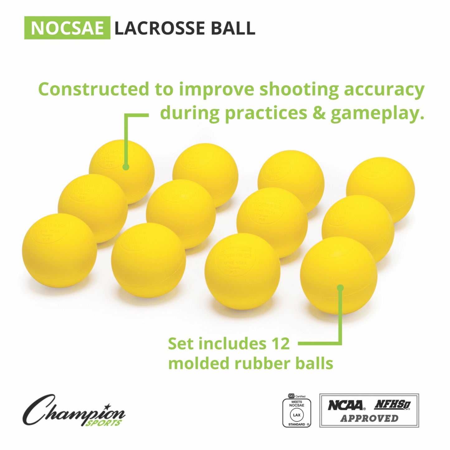 Champion Sports Lacrosse Balls – Official Size Equipment for Professional, College & High School Games, Practices & Recreation, NOCSAE, NCAA, NFHS & SEI Certified, 12-Pack, Yellow