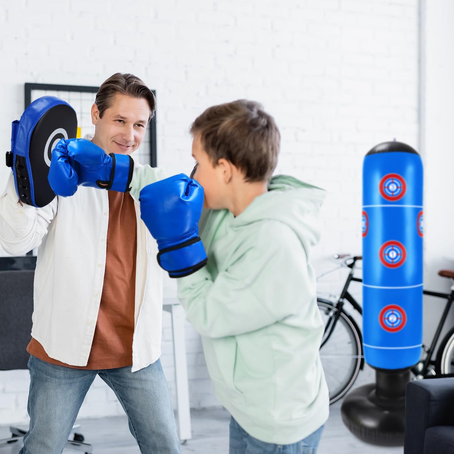 7 Pcs Kids Punching Bag Set Include Boxing Gloves, Inflatable Punching Bag, Hand Wraps, Hand Pads, Air Pump, Kids Boxing Training Set for Karate Kickboxing Taekwondo(Blue)