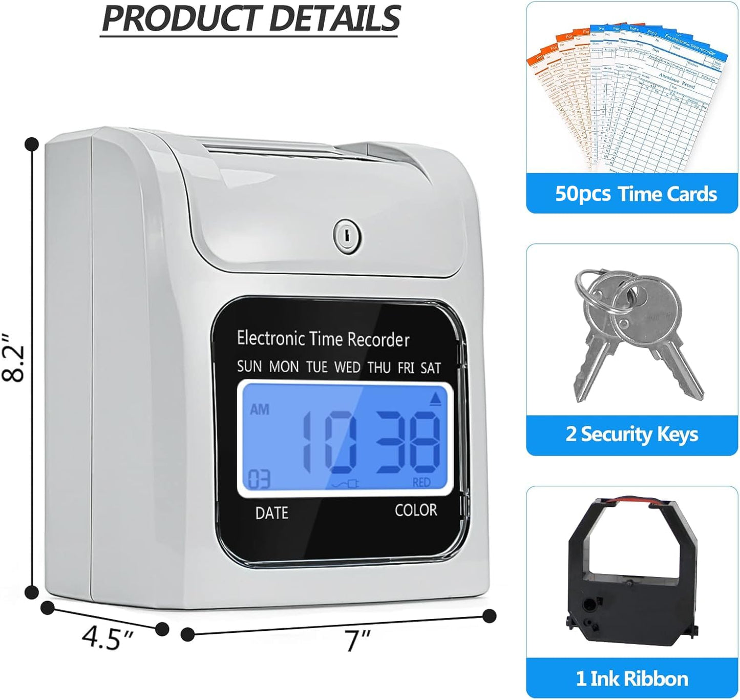 TooCust Employee Time Clocks for Small Business, Auto-Align Time Clock Punch Machine with 50-Piece Time Cards, Two Security Keys, and One Ink Ribbon Cartridge