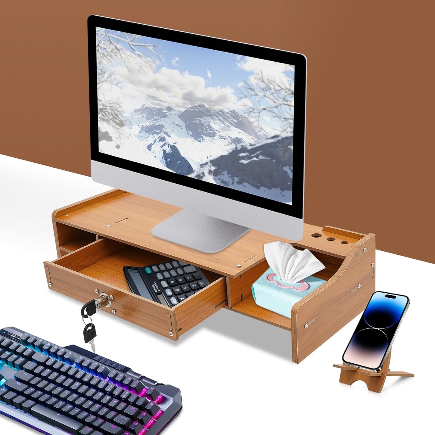 QUSKLISU (03) Computer Monitor Stand, Computer Rack with Drawers, Two top Platforms Desk Organizer Monitor Stand
