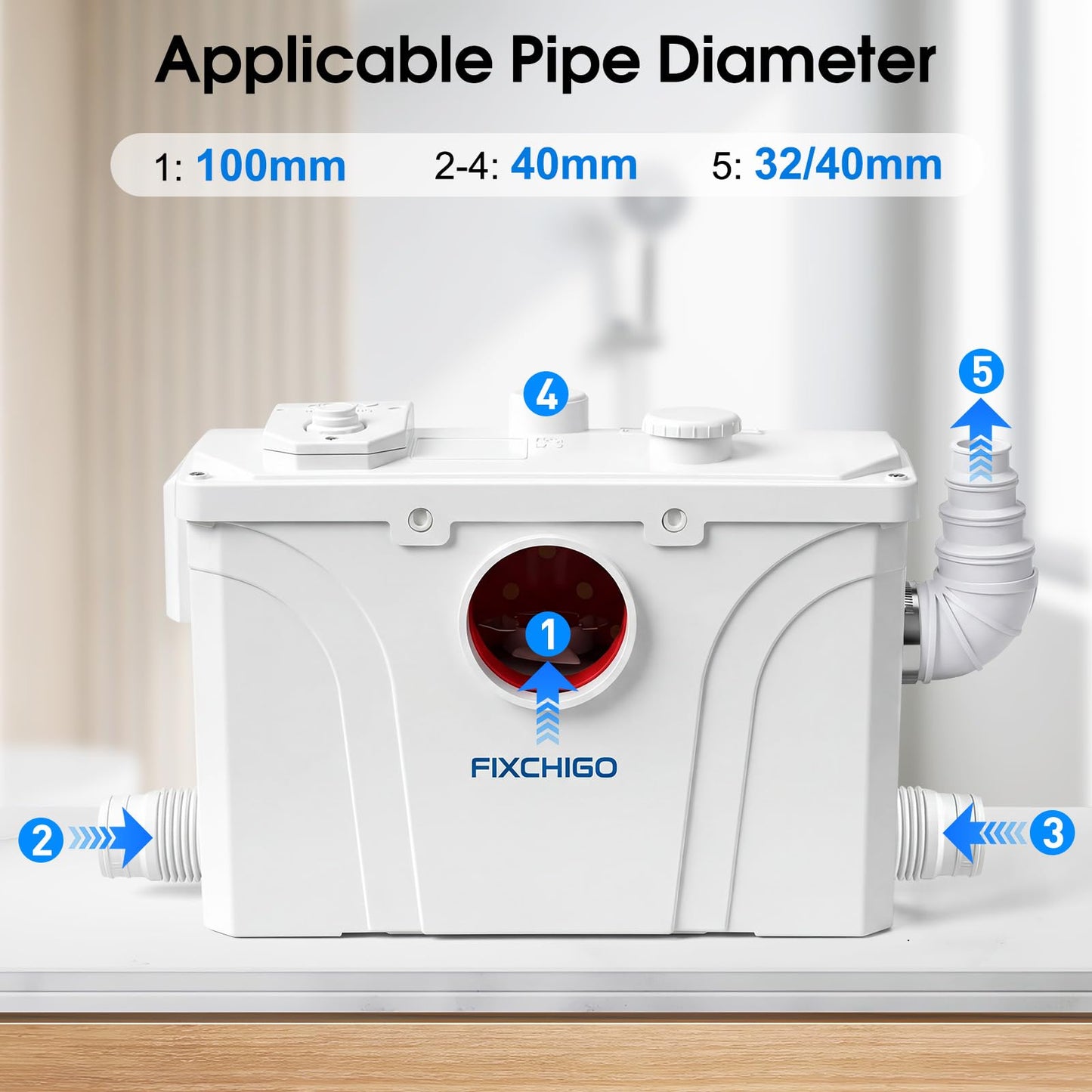 FIXCHIGO 800W Macerator Pump, Macerating Toilet System with 4 Inlets/1 Outlets, 48 GPM Flow, 29.5 FT Head, PCB Smart Control Sewage Pump for Basement, Sink, Toilet, Laundry, Kitchen