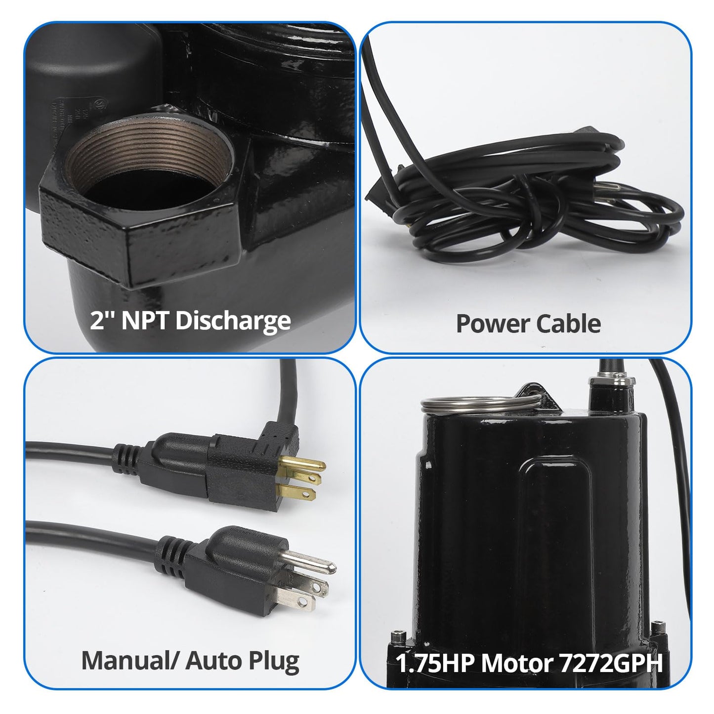 1.75HP Sump Pump Submersible Sewage/Effluent Clean/Dirty Water Transfer Utility Pump Portable with 25ft Power Cord for Swimming Pool Garden Basement Tub Pond Draining
