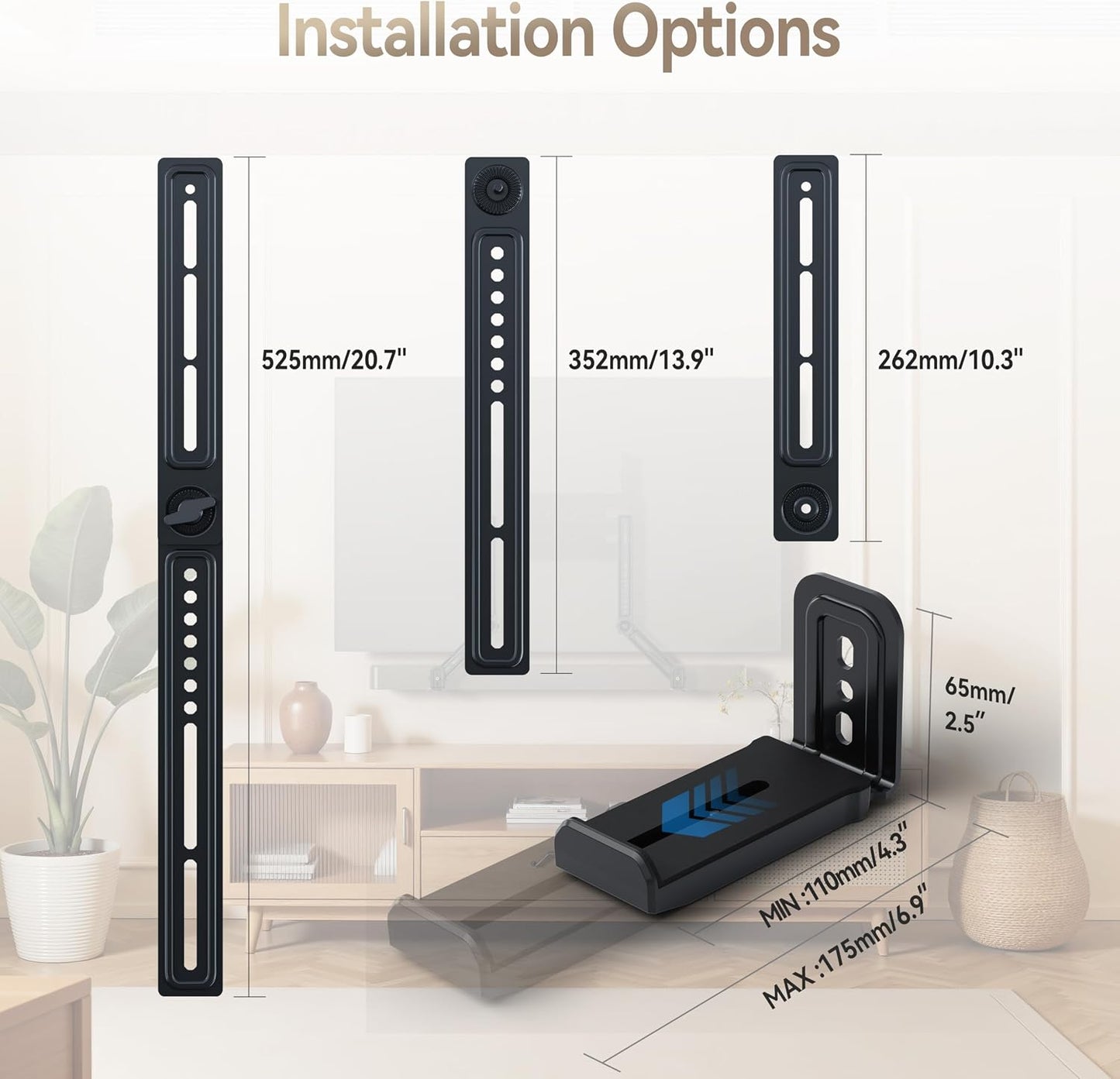 C YECEN Sound Bar Mounts Under TV or Above TV, Height & Depth Adjustable Soundbar Mountwith Detachable Extension Arms
