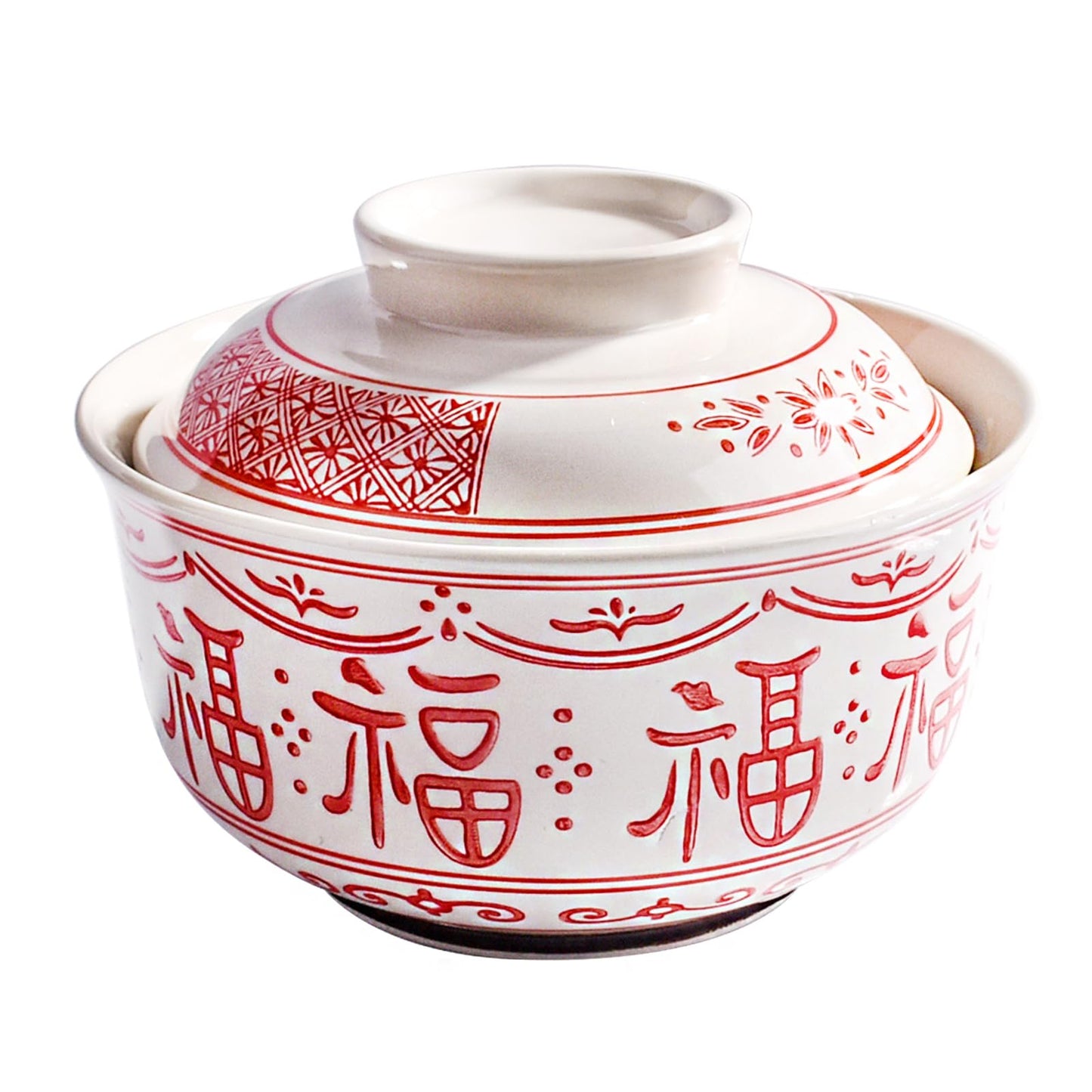 BOSILI Ceramic Ramen Bowl with Lid, 6.4 Inch 26 oz Red and White Porcelain Ramen Bowl with Chinese Fu Character Pattern, Traditional Asian Serving Bowl for Soup, Rice, Noodles