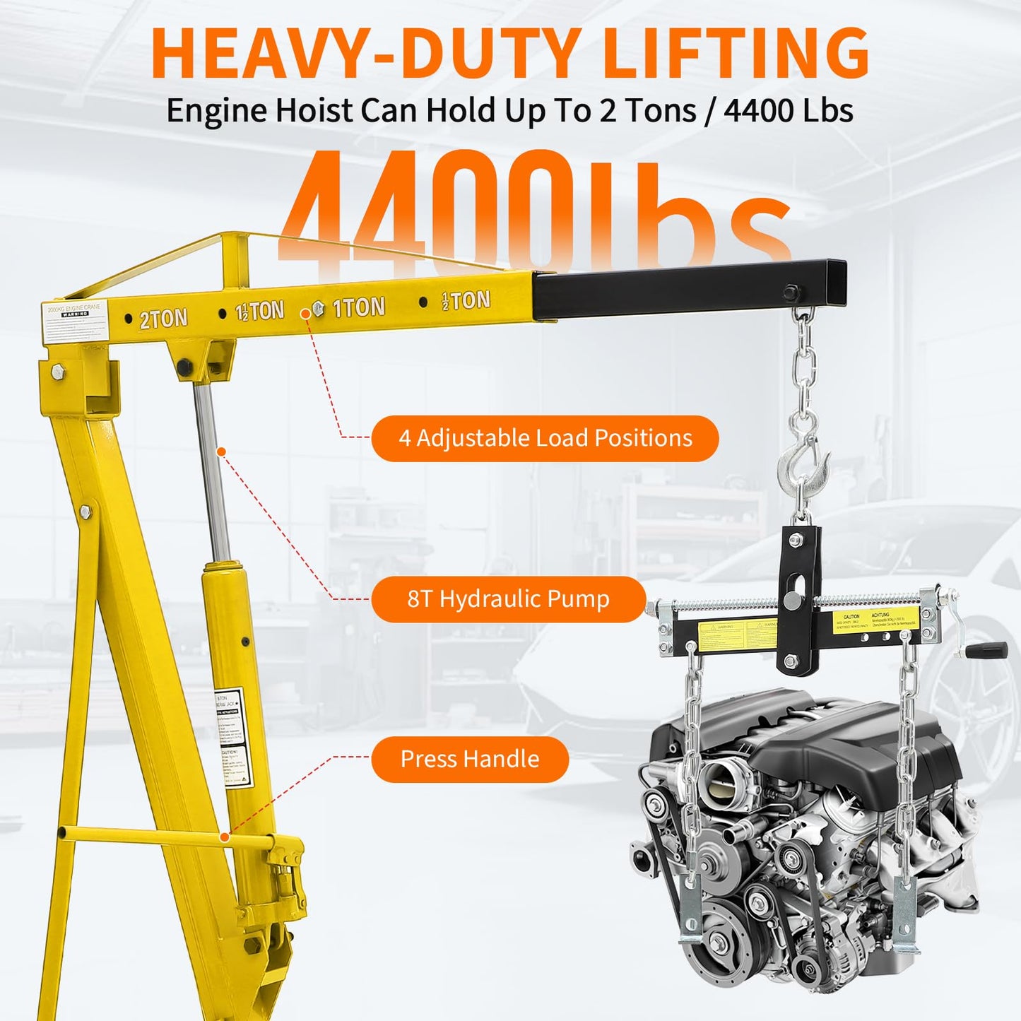 GarveeTech 2-Ton Folding Engine Hoist Cherry Picker 4400 Lb Capacity Hydraulic Shop Crane with Telescoping Boom 6 Caster Wheels for Automotive Repair Garage Use Includes Hitch and Storage Red