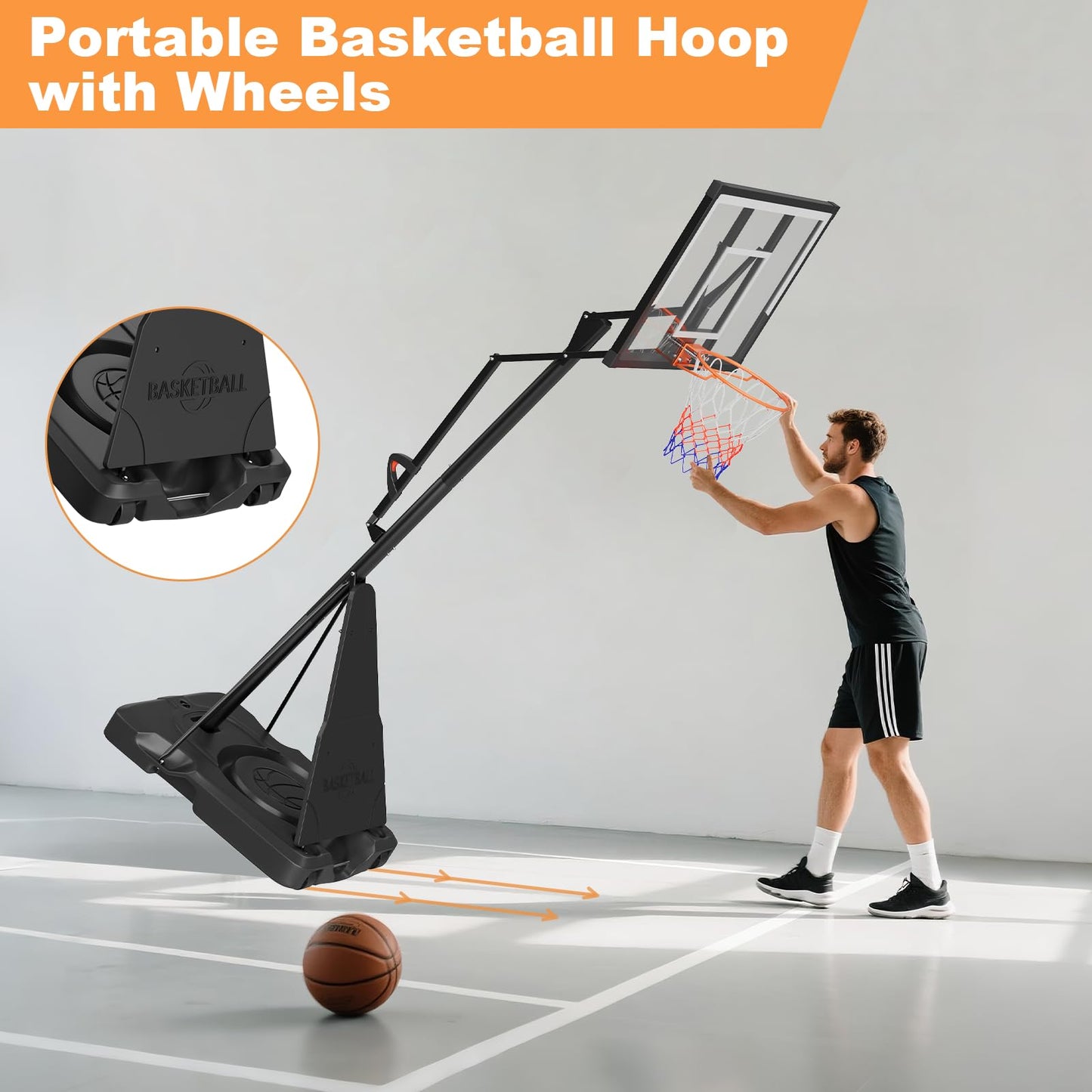 LotFun Portable Basketball Hoop, Outdoor 5-10FT Manual Crank/Hand Pull Adjustable Basketball Goal with 44 Inch PC Backboard & Wheels, Basket Ball Portable Hoops Backyard, Driveway (Hand Pull Handle)