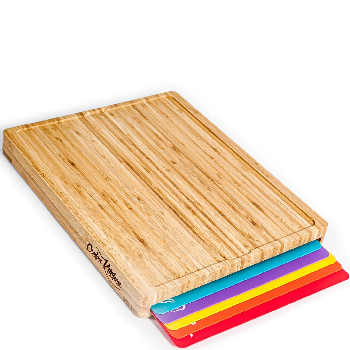 Bamboo Cutting Board Set with 6 Color Coded Mats with Food Icons, BPA-Free Non Slip Easy Clean Chopping Boards for Kitchen with Holder, Dishwasher Safe for Meal Prep & Serving, Large | Cooler Kitchen