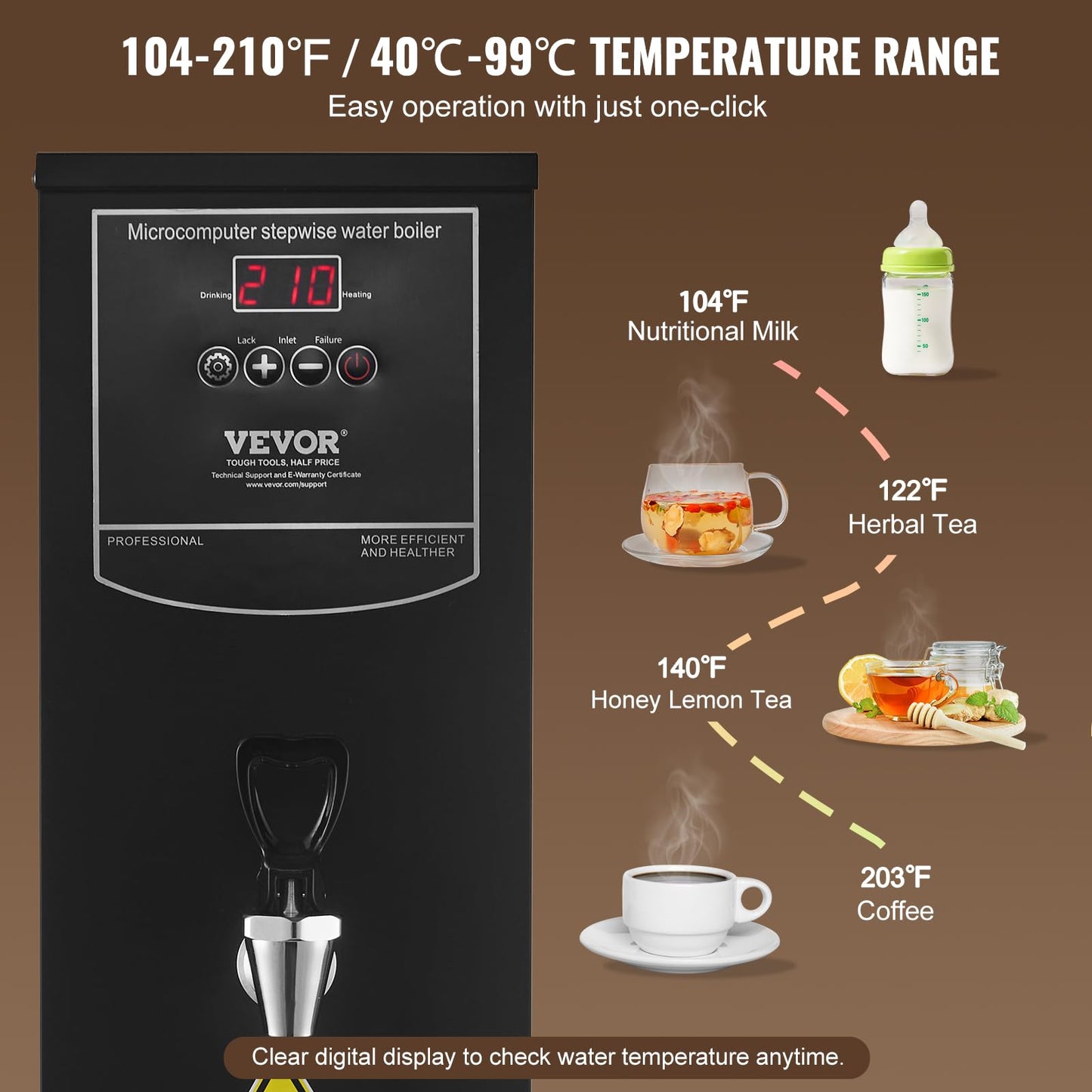 VEVOR Commercial Water Boiler, 20L Electric Hot Water Dispenser with 316 Stainless Steel Heating Tube, 1500W Step-by-step Fast Heating 50L/H Hot Water Boiler, for Coffee Tea Restaurant Office
