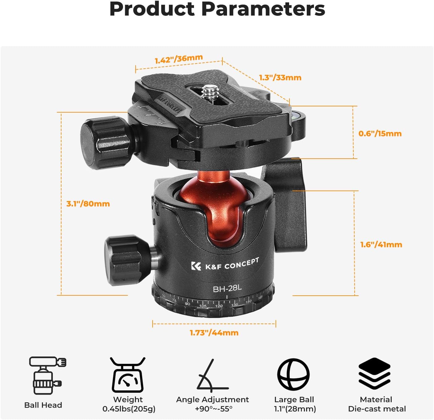 K&F CONCEPT 28mm 360 1/4 inch 22 Professional Metal Tripod Ball Head Degree Rotating Panoramic with Quick Release Plate