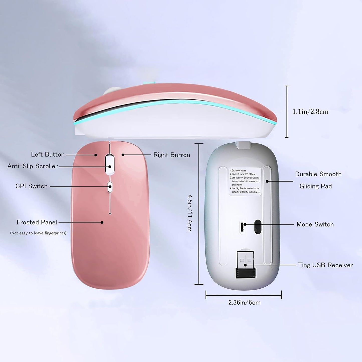 WREANU Use(BT5.2 2.4G Wireless Bluetooth Mouse Rechargeable Laptop Mice with LED Lights Silent Slim & Portable USB)