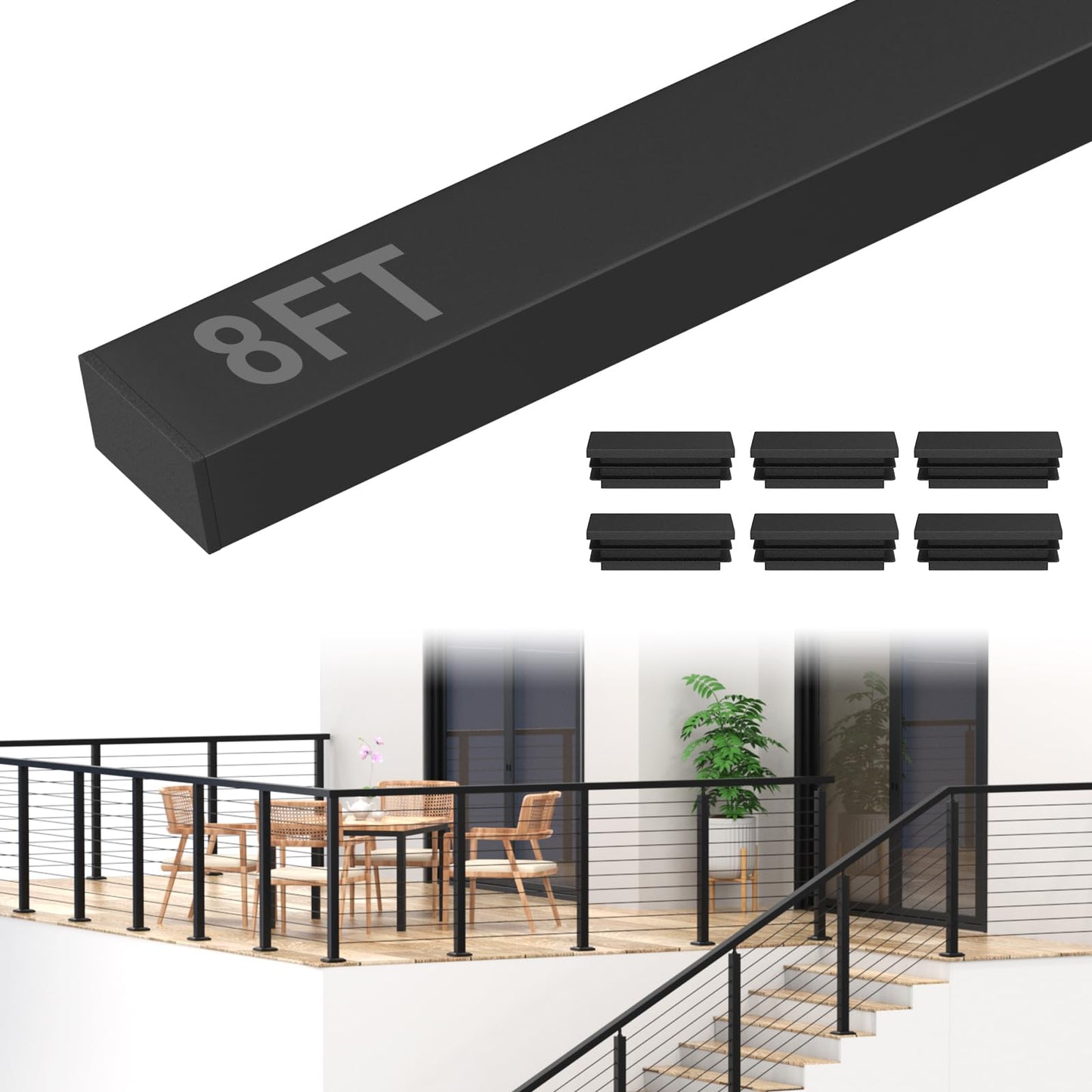 BLIKA 8FT Stainless Steel Cable Railing Handrail, Black Rectangular Handrail Flat Top Rail with End Caps for Deck Stair Cable Railing System, Deck Hand Rails for Indoor/Outdoor, BL01-T