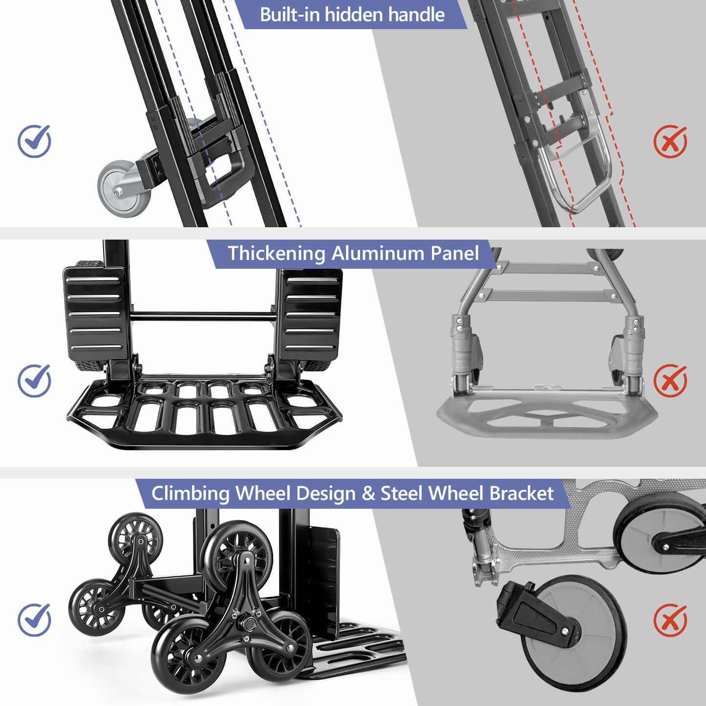 KEDSUM 3-in-1 Convertible Stair Climbing Dolly, 660LBS Heavy Duty Dolly Cart with Wheels, Hand Truck with Adjustable Handle Angle & Expandable Base for Home, Warehouses, 10-Wheel Design with Brakes
